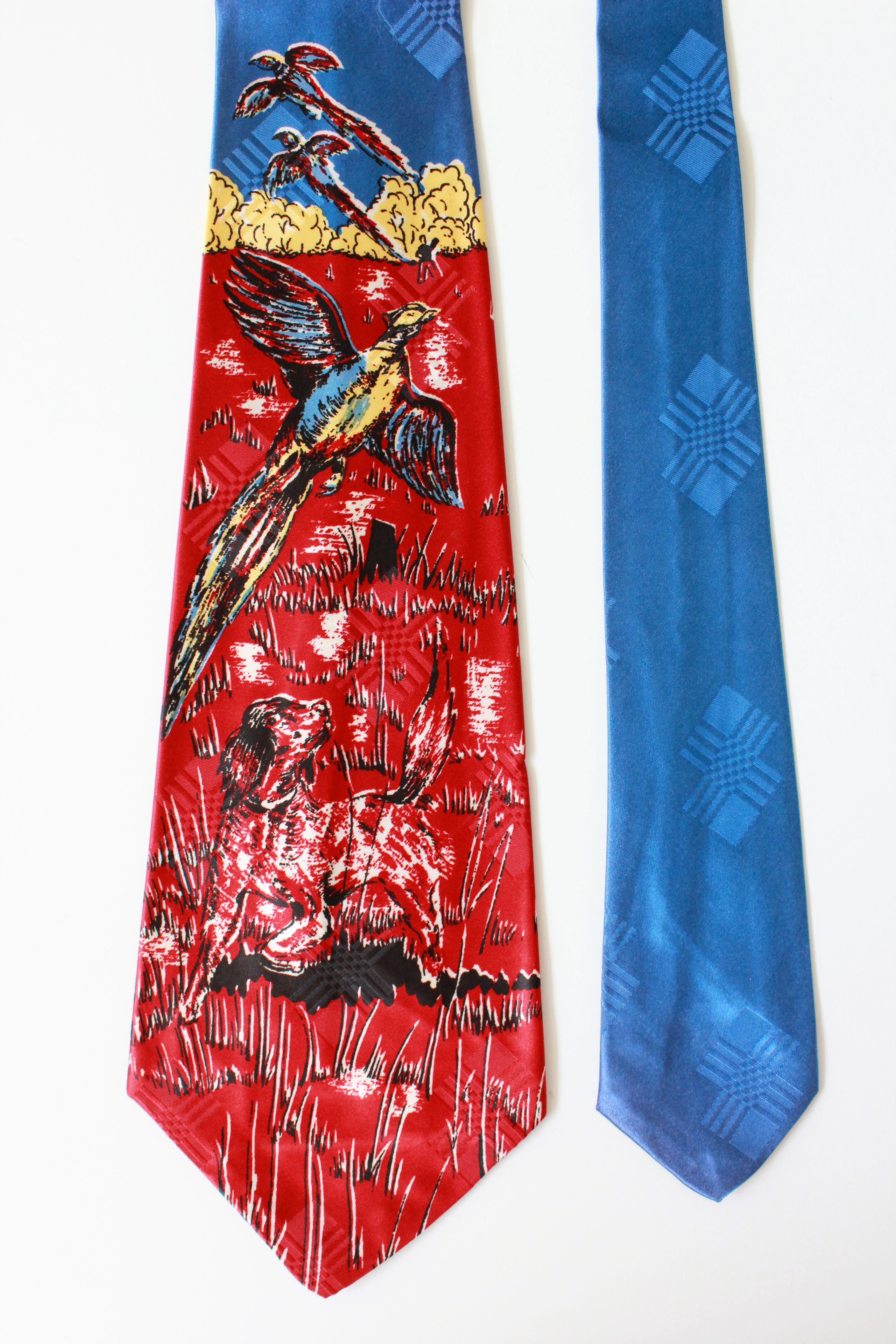 1940s Wide Necktie, 4 in. Bold Look store Tie with Chinese Illustration, Red and Yellow Silk, Vintage Men's Necktie