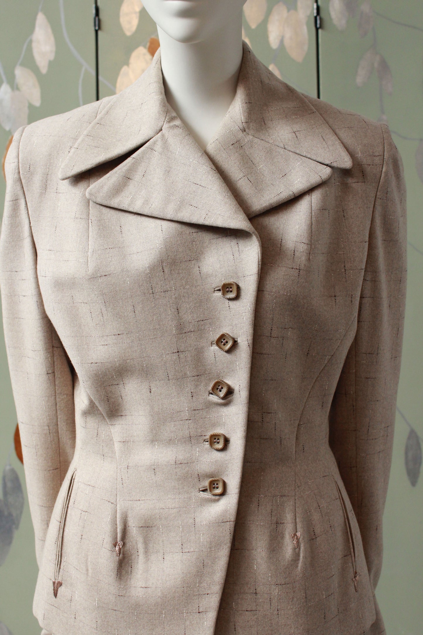 Vintage 1950s Cream Wool Fitted Skirt Suit Set, XS