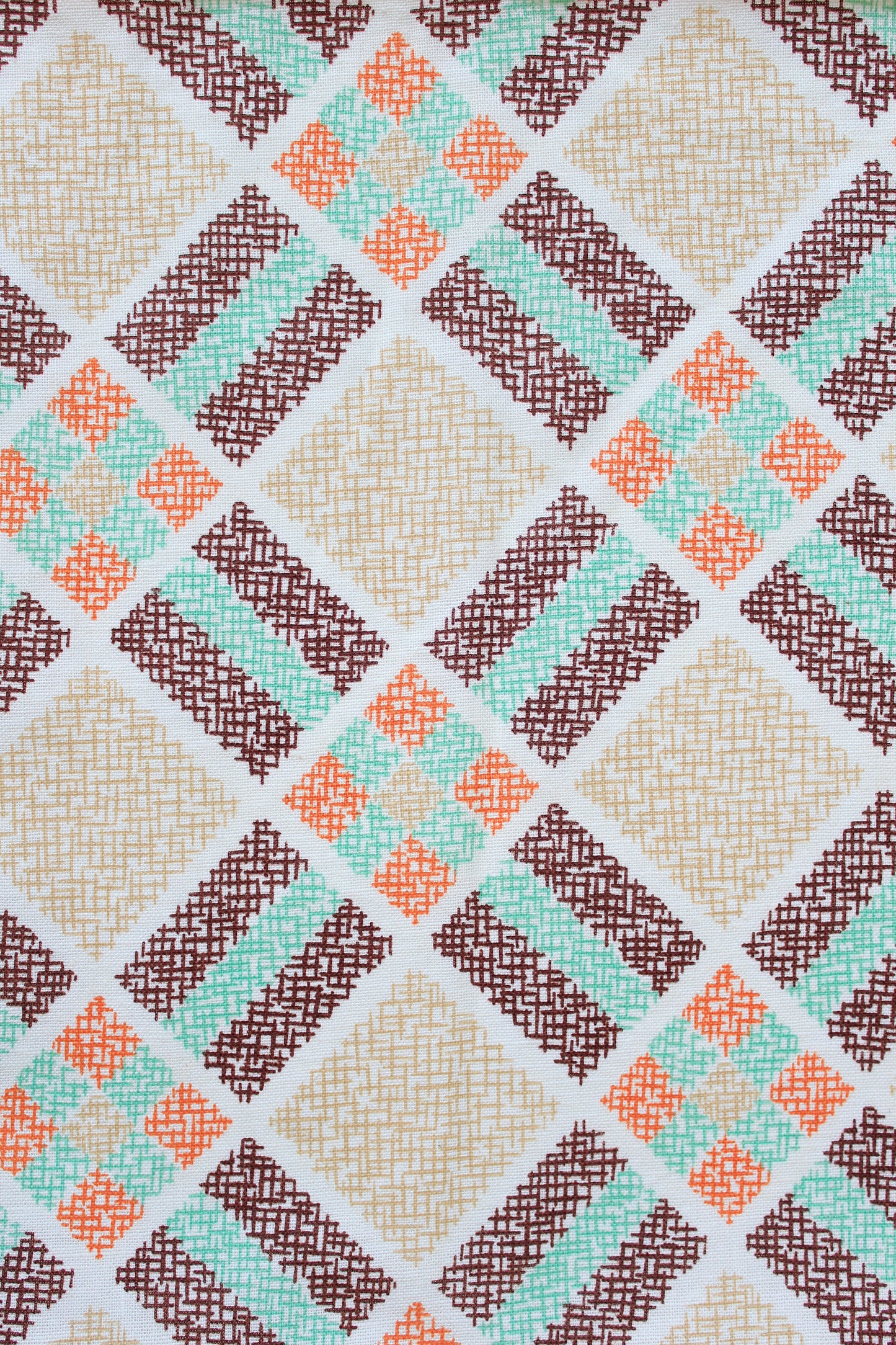 Early 1940s Deco Plaid Feedsack In Green, Orange, And Brown, Vintage Sewing/Quilting Fabric