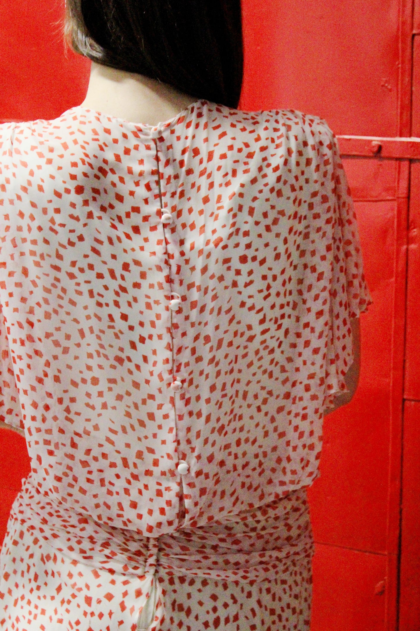 Vintage 1980s White Silk Cocktail Dress with Red Geometric Print, S/M