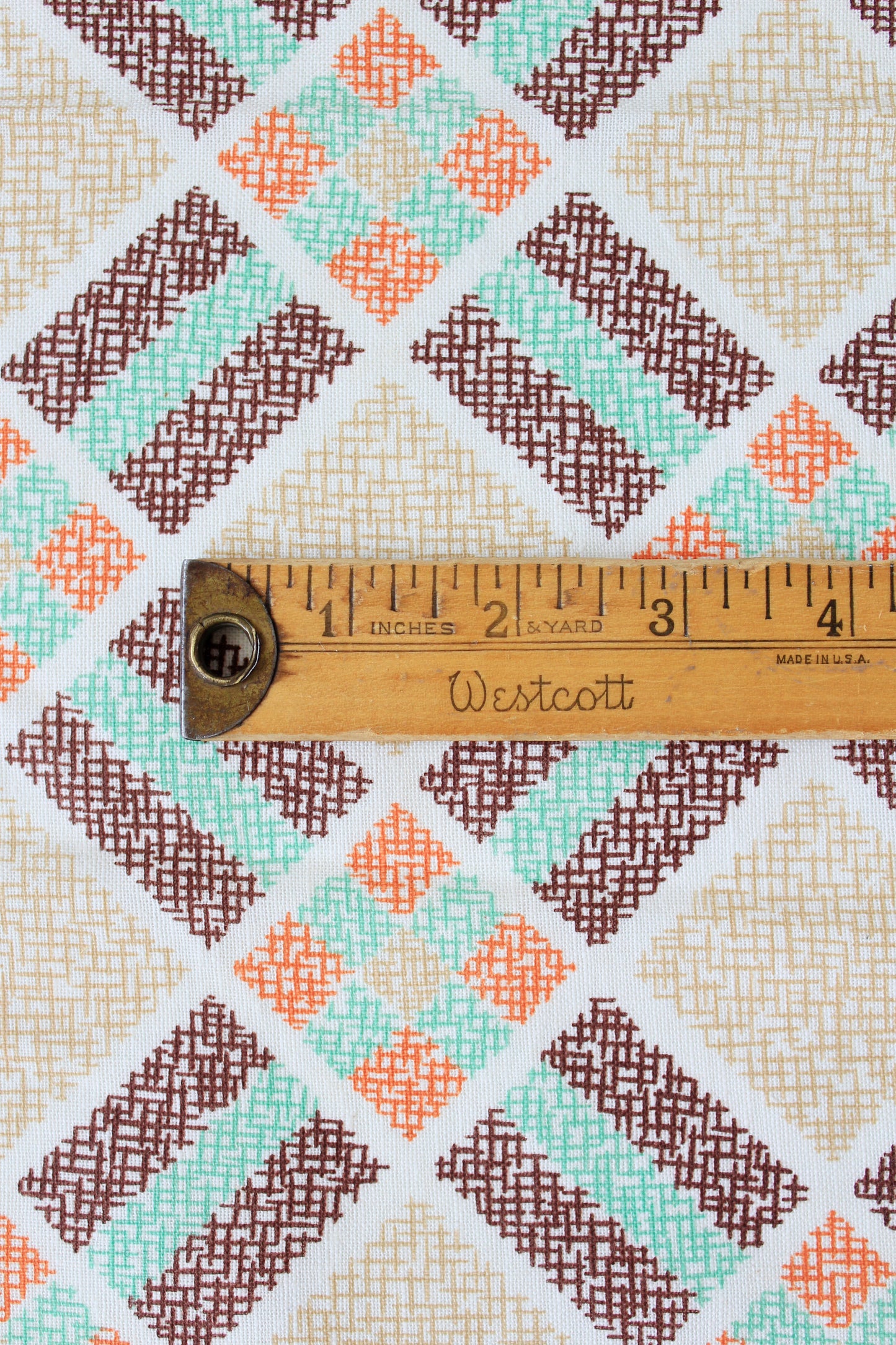 Early 1940s Deco Plaid Feedsack In Green, Orange, And Brown, Vintage Sewing/Quilting Fabric