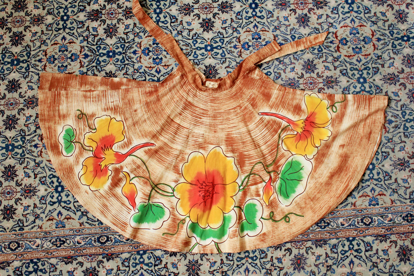 1950s Handpainted Circle Skirt With Tropical Flowers In Orange And Yellow, S/M