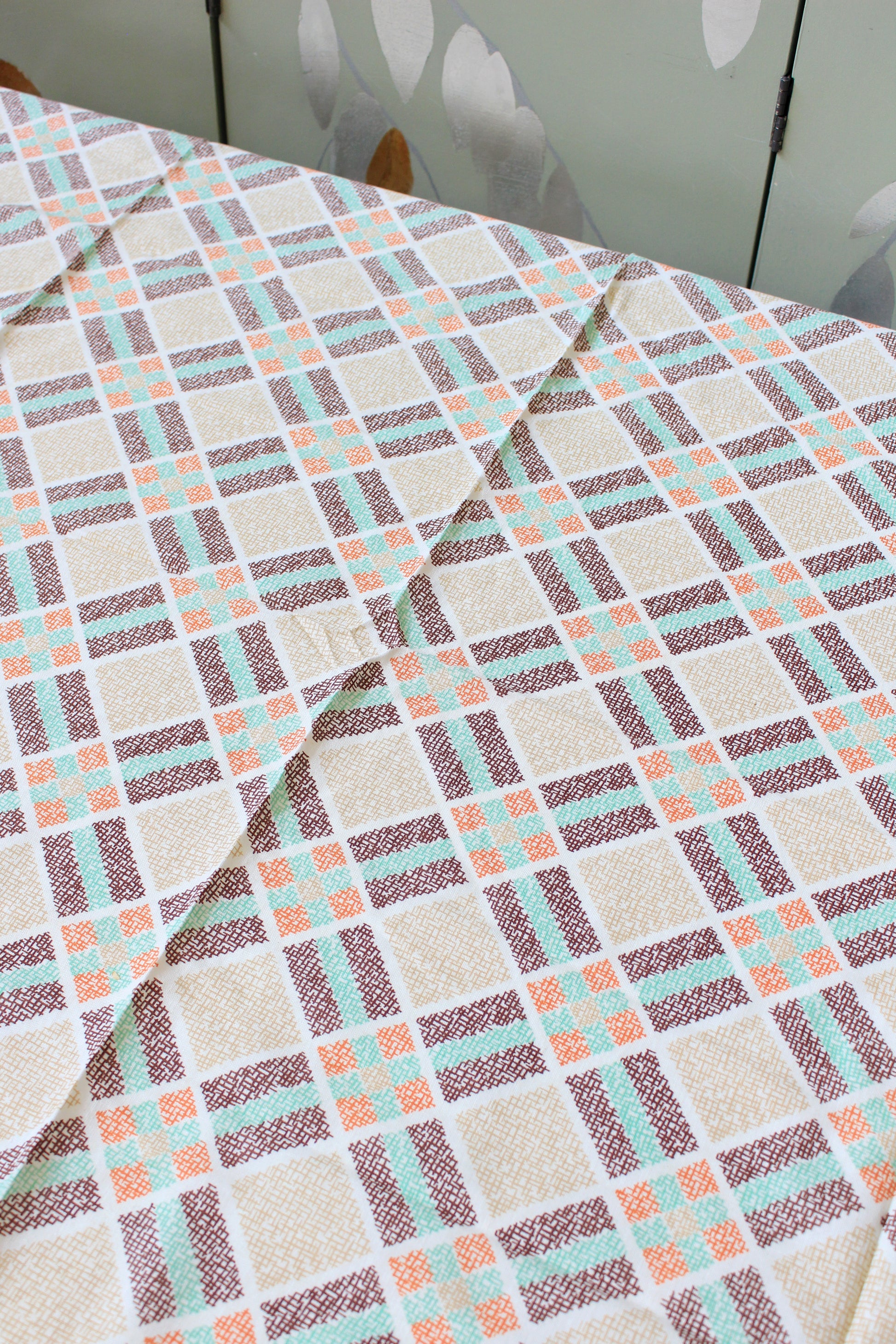 Early 1940s Deco Plaid Feedsack In Green, Orange, And Brown, Vintage Sewing/Quilting Fabric