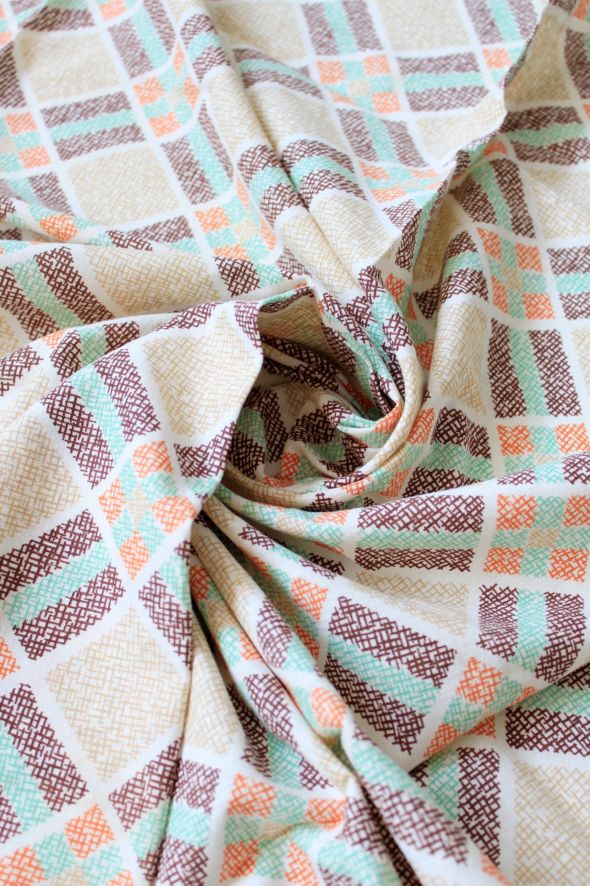 Early 1940s Deco Plaid Feedsack In Green, Orange, And Brown, Vintage Sewing/Quilting Fabric