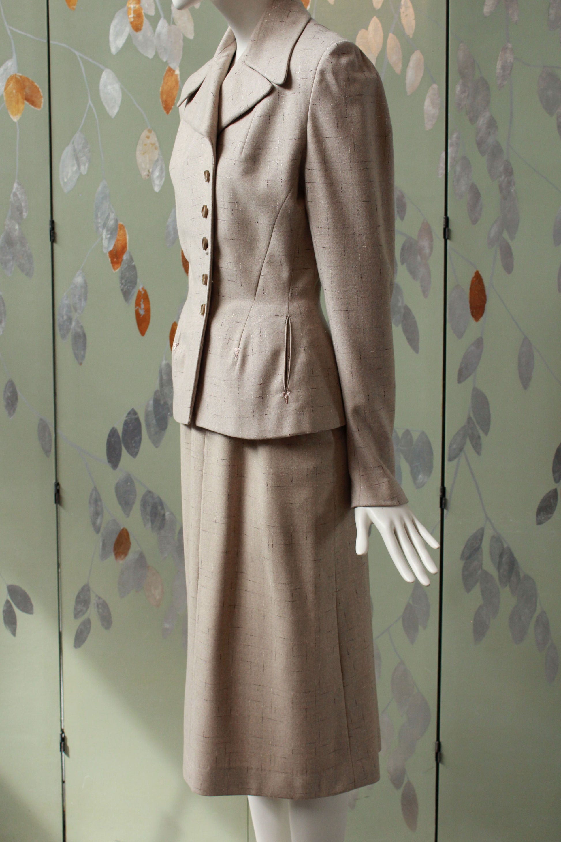 Vintage 1950s Cream Wool Fitted Skirt Suit Set, XS