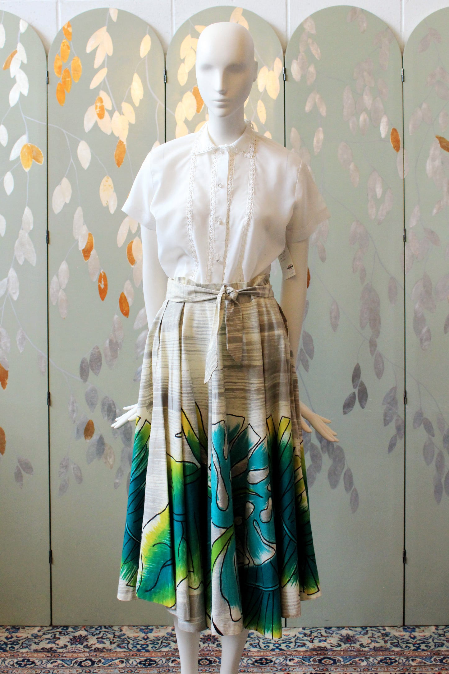 1950s Handpainted Circle Skirt With Tropical Flowers In Blue And Green, S/M