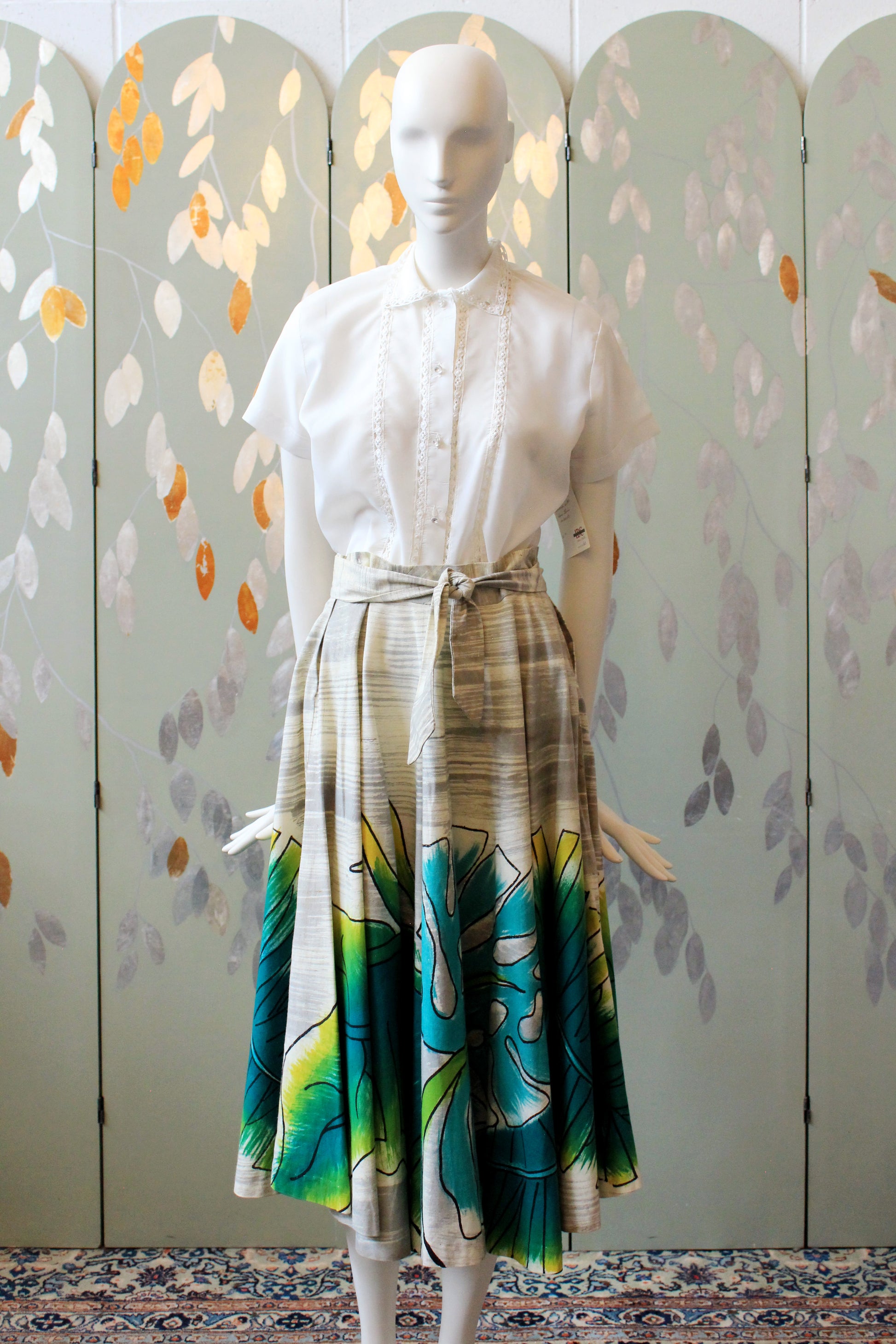 1950s Handpainted Circle Skirt With Tropical Flowers In Blue And Green, S/M