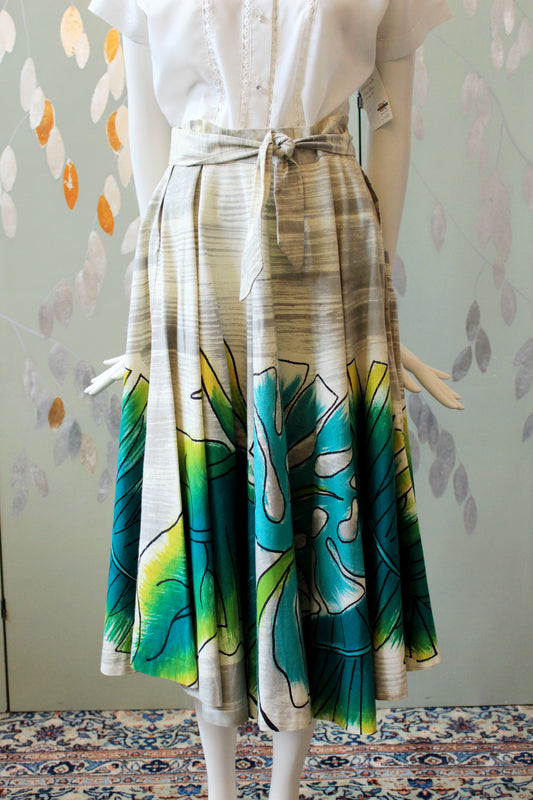 1950s Handpainted Circle Skirt With Tropical Flowers In Blue And Green, S/M