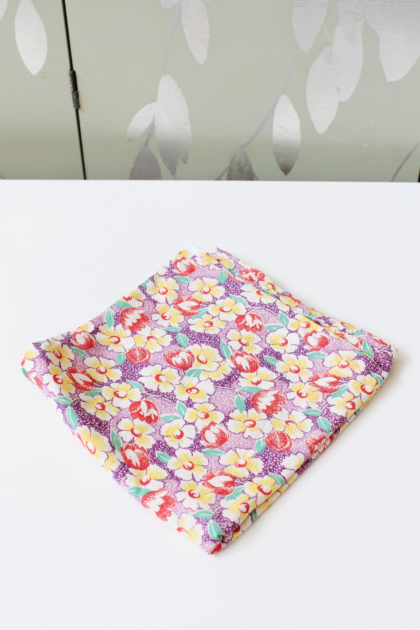 1940s Purple Floral Feedsack With Yellow And Red Illustrated Flowers, Vintage Summer Sewing/Quilting Fabric