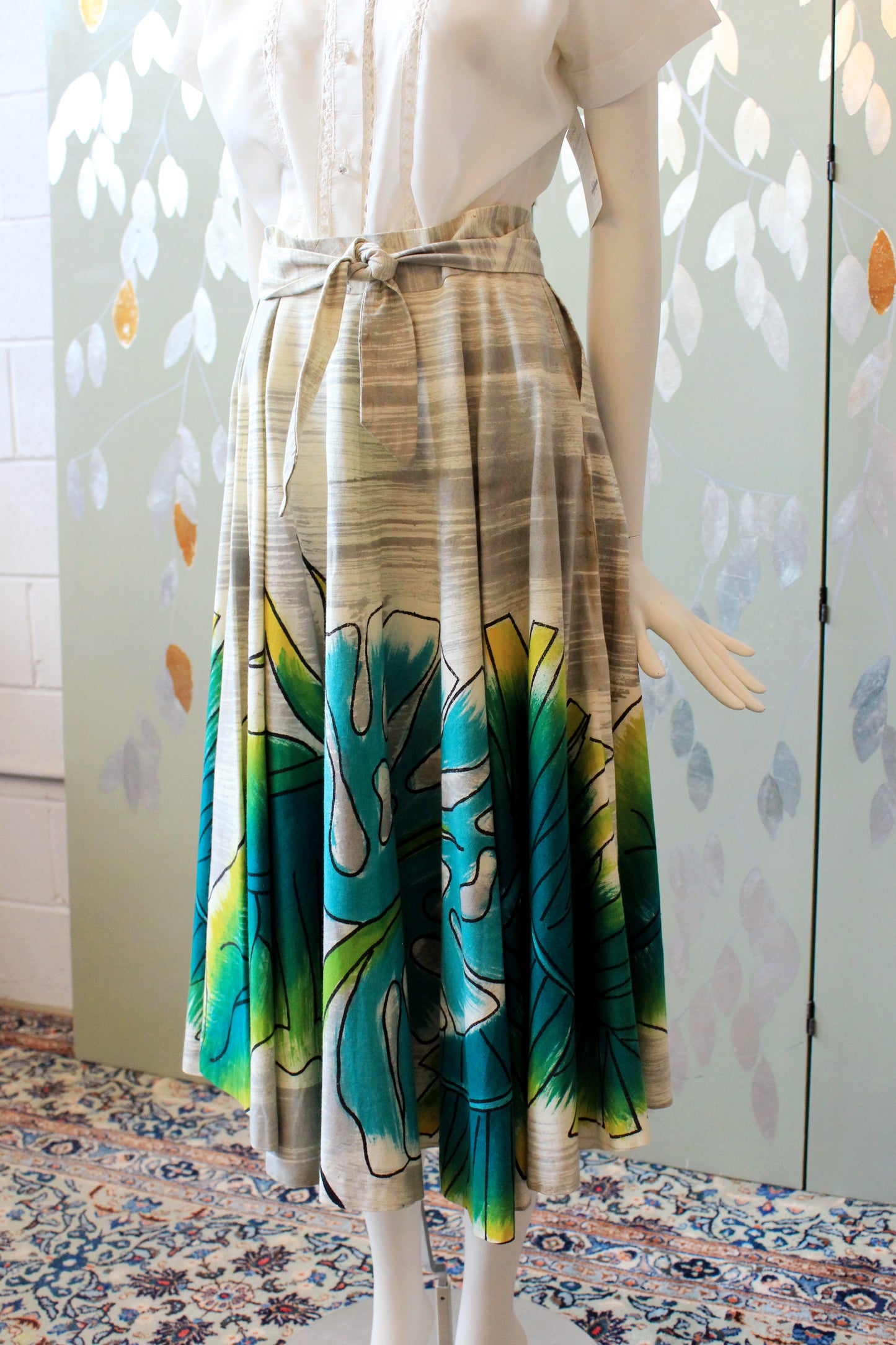 1950s Handpainted Circle Skirt With Tropical Flowers In Blue And Green, S/M