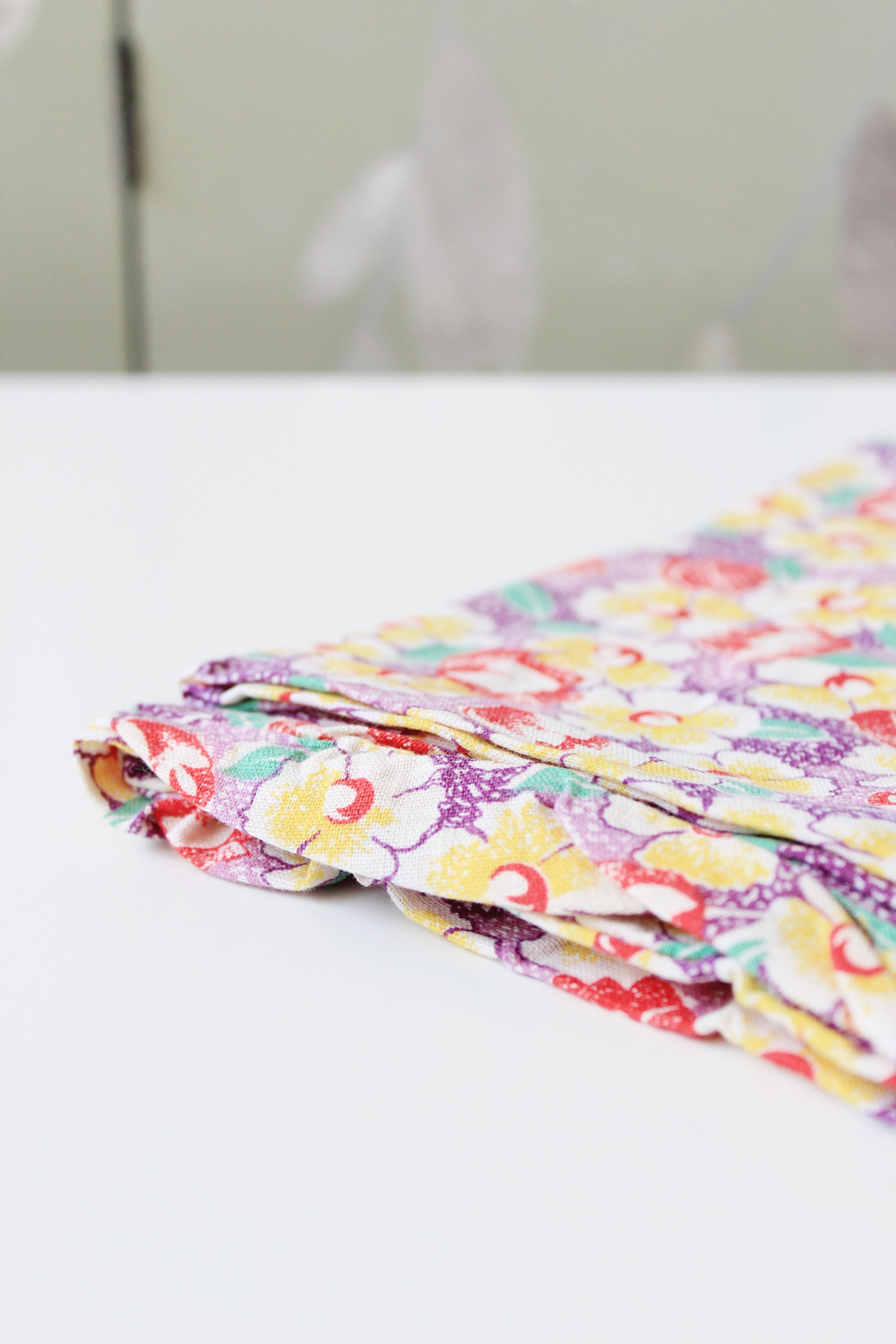 1940s Purple Floral Feedsack With Yellow And Red Illustrated Flowers, Vintage Summer Sewing/Quilting Fabric