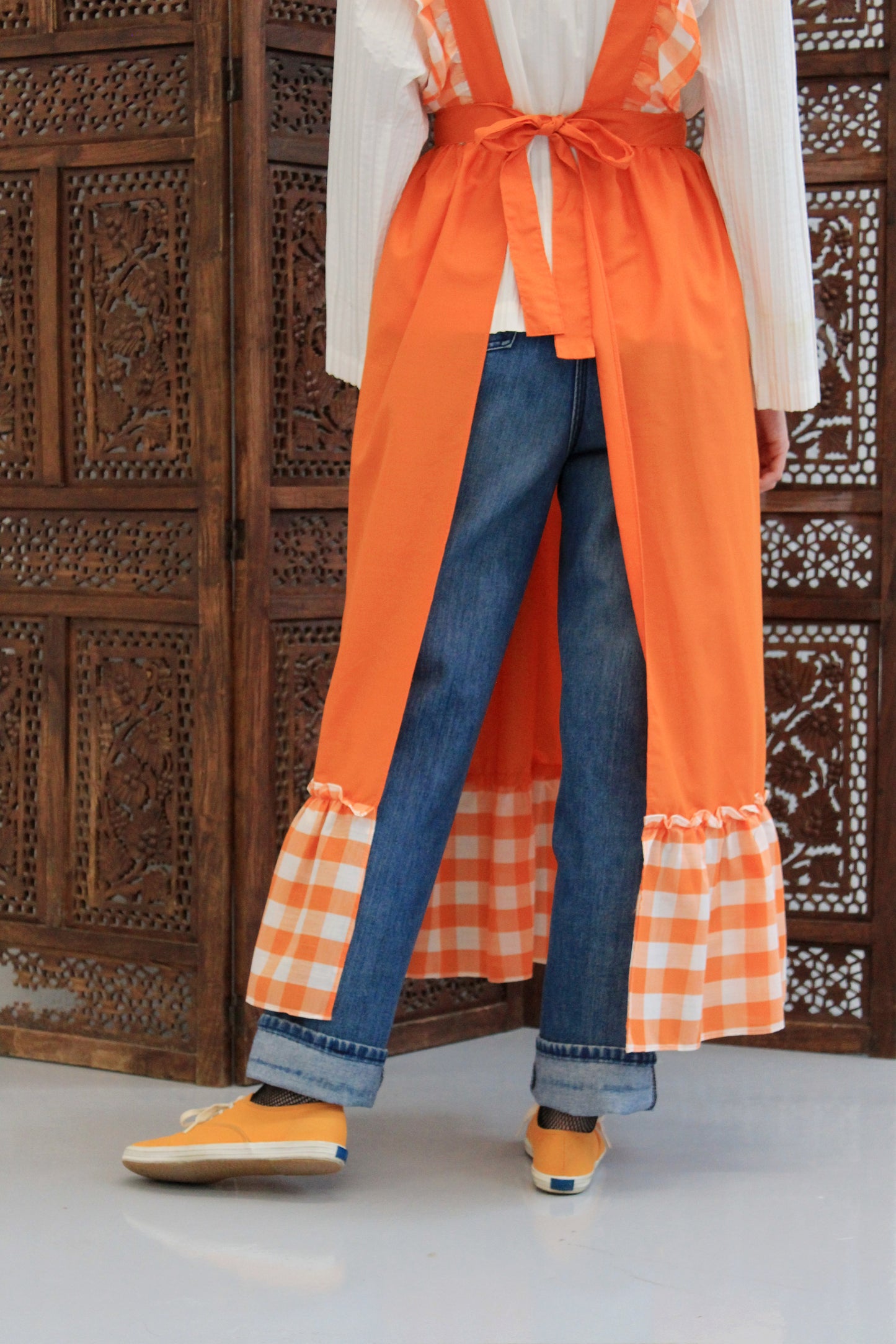 Vintage 1970s Orange Gingham Pinafore Apron with Ruffles, Medium