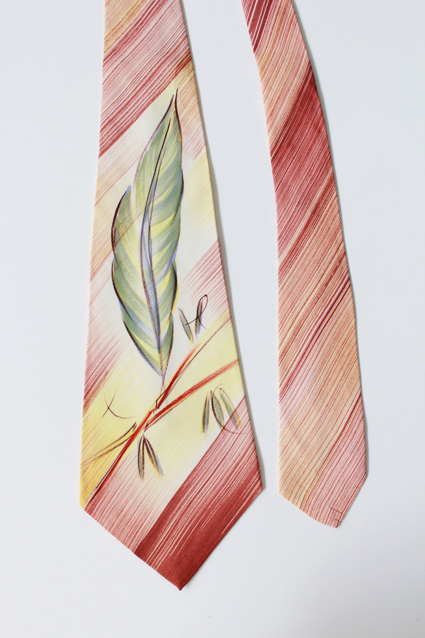 Vintage 1950s Deadstock Hand Painted Autumnal Colours And Green Leaf Tie