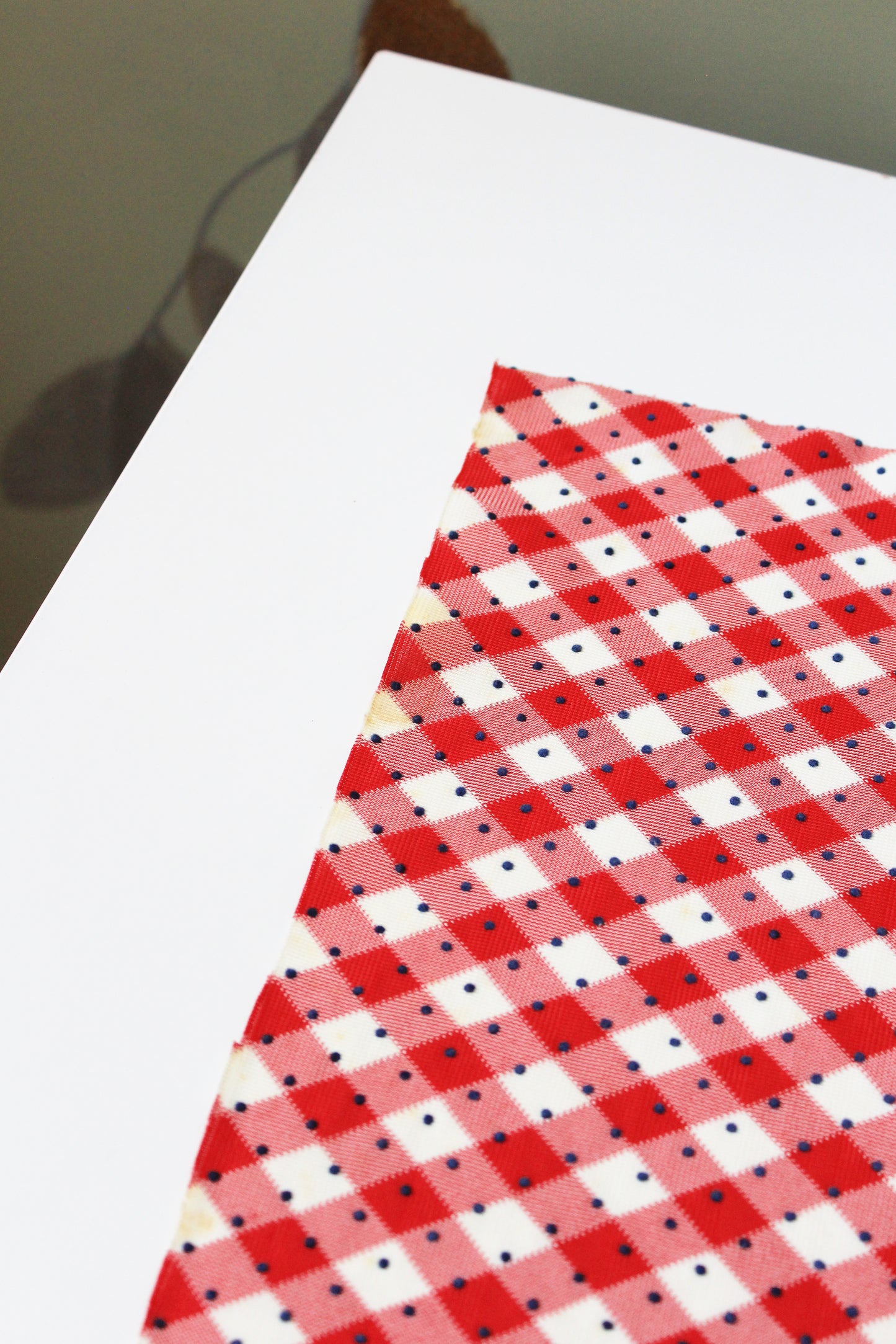 1960s Red And White Checkered Plaid With Blue Polka Dots Nylon Vintage Print Fabric, 3.8 Yards