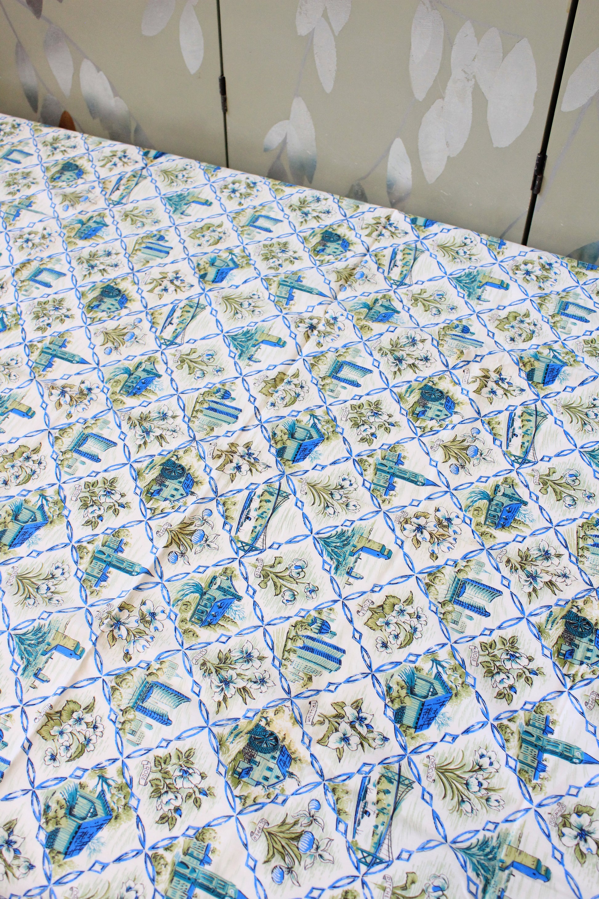 1960s Green And Blue Cotton Sewing Fabric With Flowers And Architecture, 6 + 2 Yards