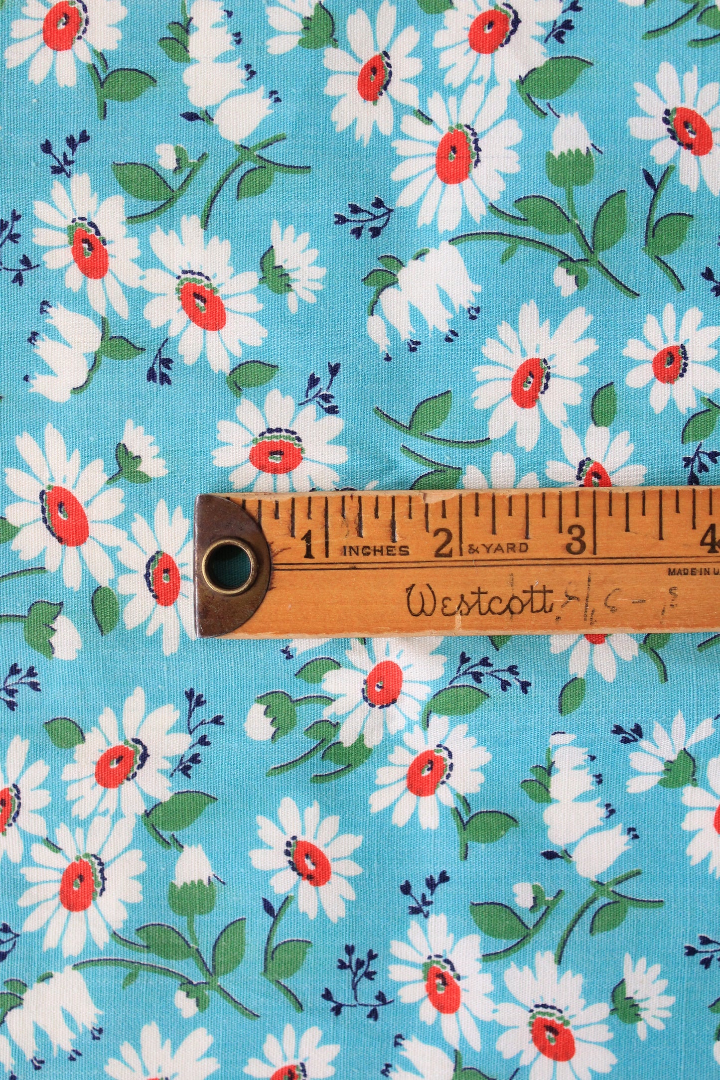 1950s Teal With White And Red Flowers Cotton Sewing Fabric, 4.5 Yards