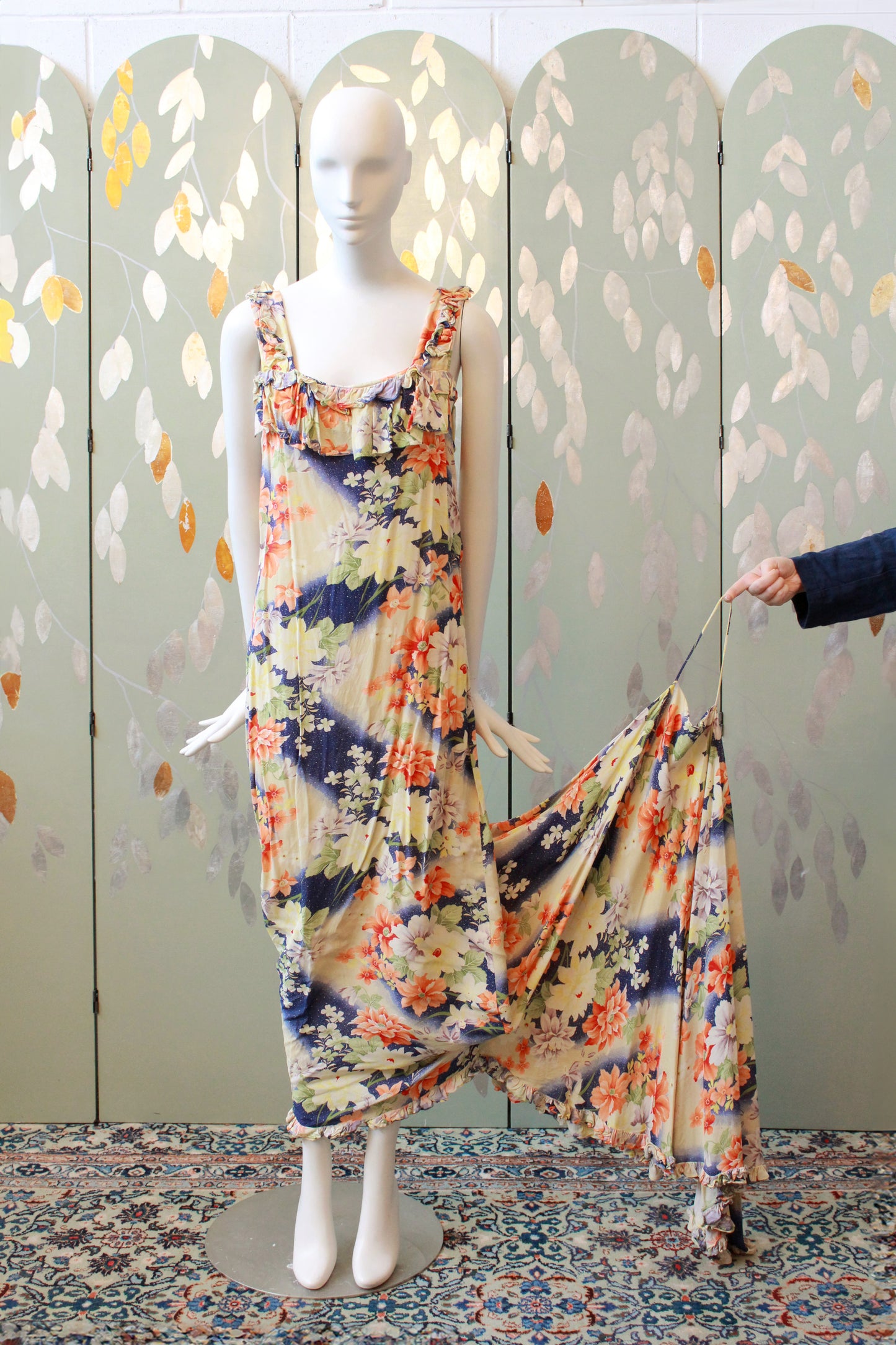 1930s Bias Cut Yellow And Orange Floral Gown With Train, Small