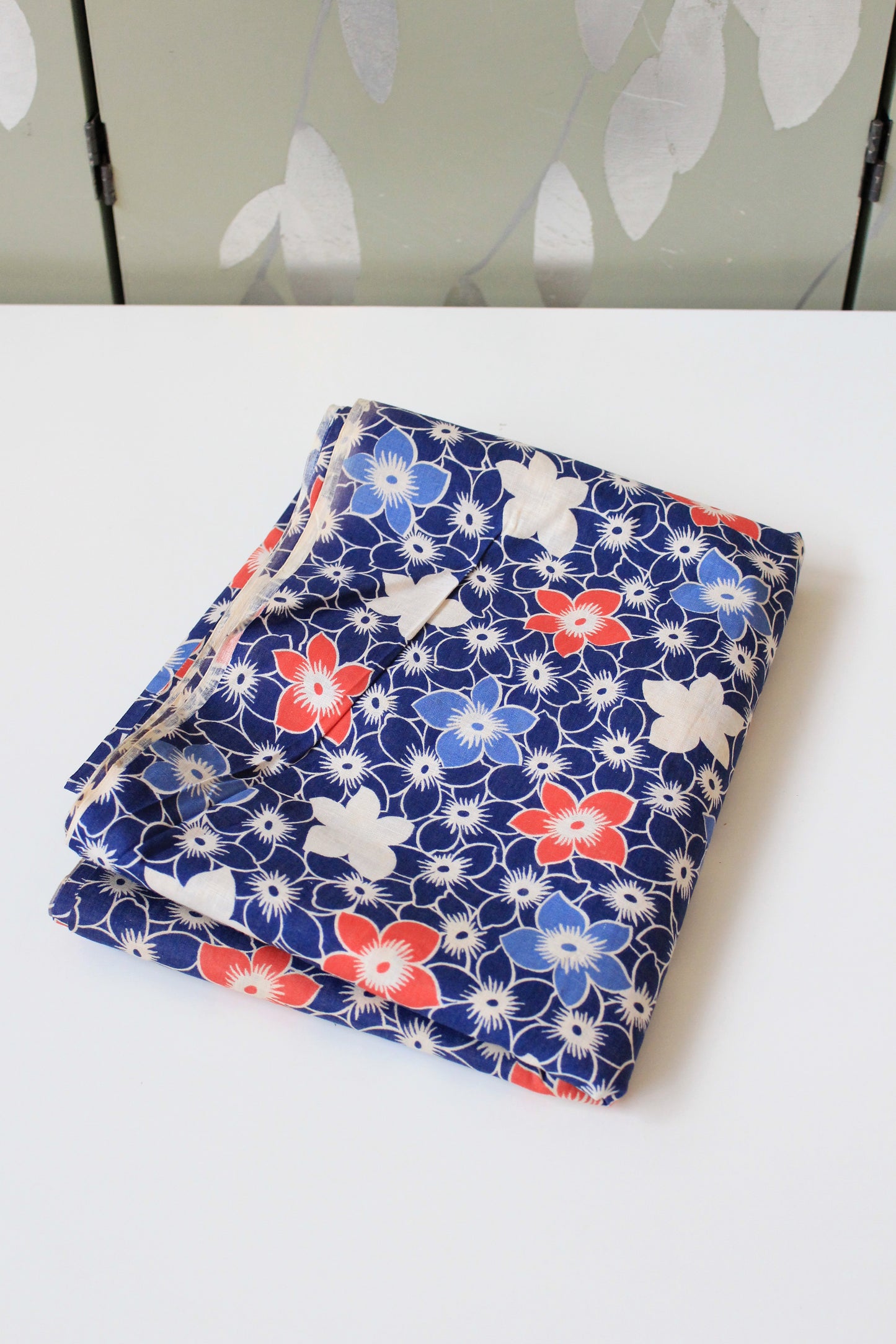 1940s Blue/White/Orange Repeating Flower Cotton Fabric, 6.75 Yards