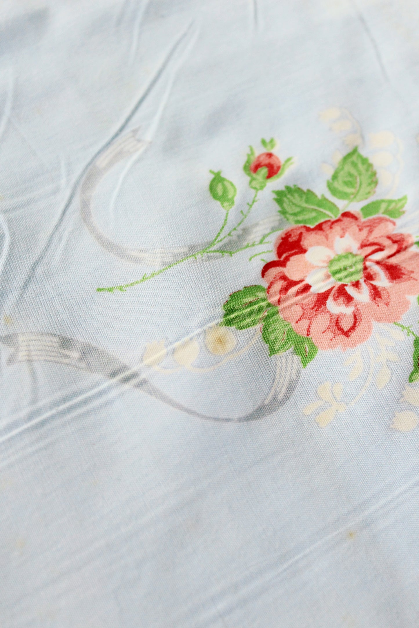 1940s Light Blue Cotton Fabric With Pink Flowers, 9 Yards