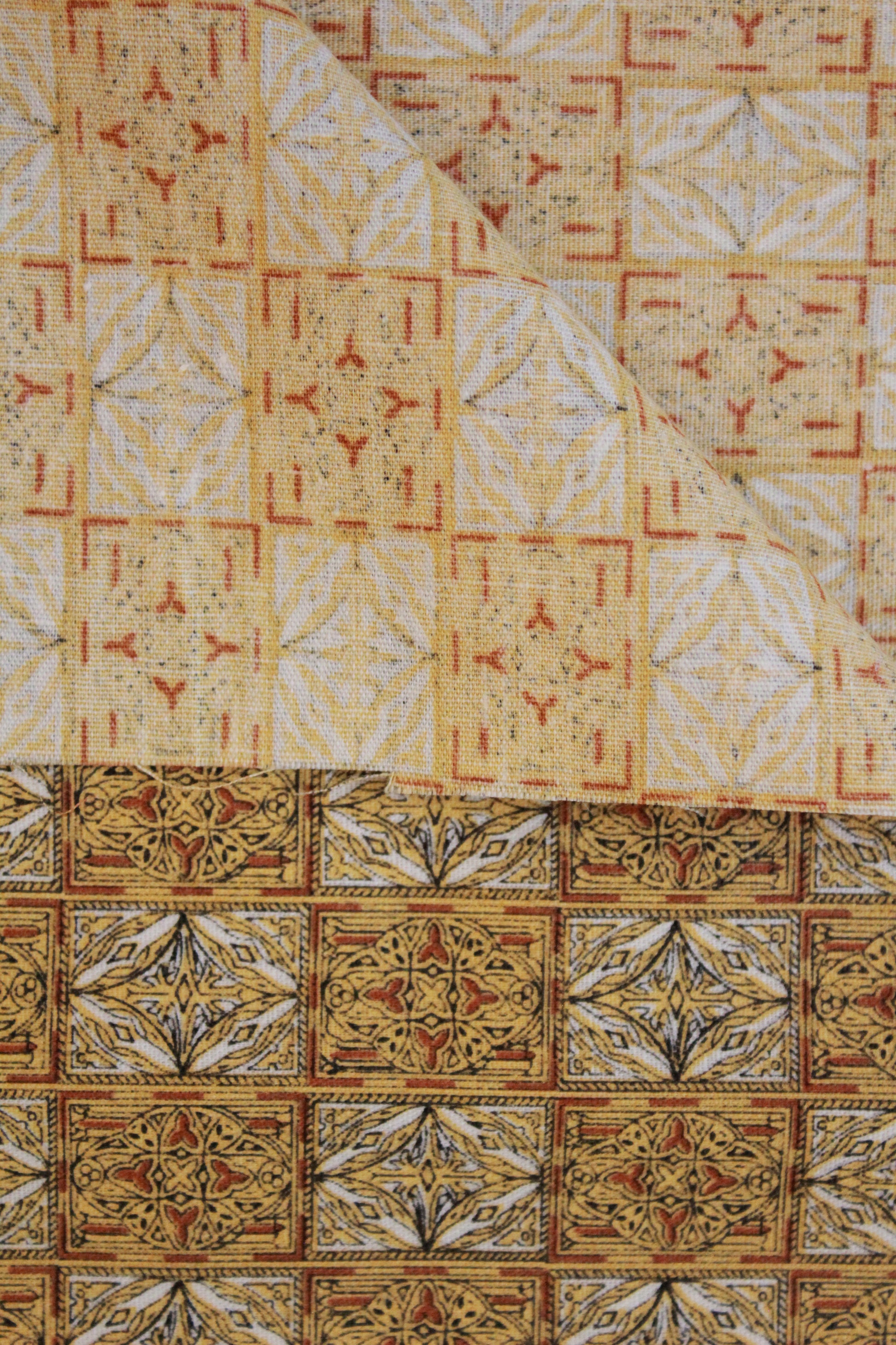 Vintage 1970s Gold Arabesque Checkered Pattern Cotton Fabric, 6.6 Yards