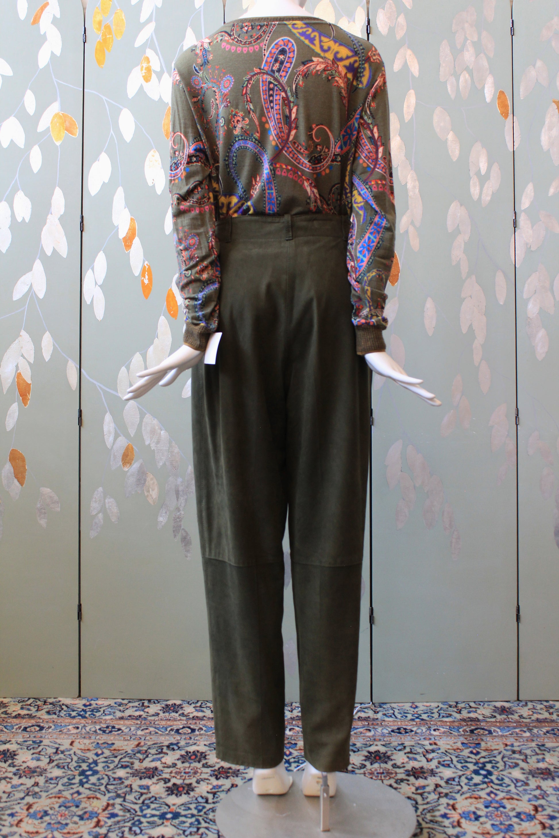 1980s Leather Paperbag Style Pants In Olive Green, Medium