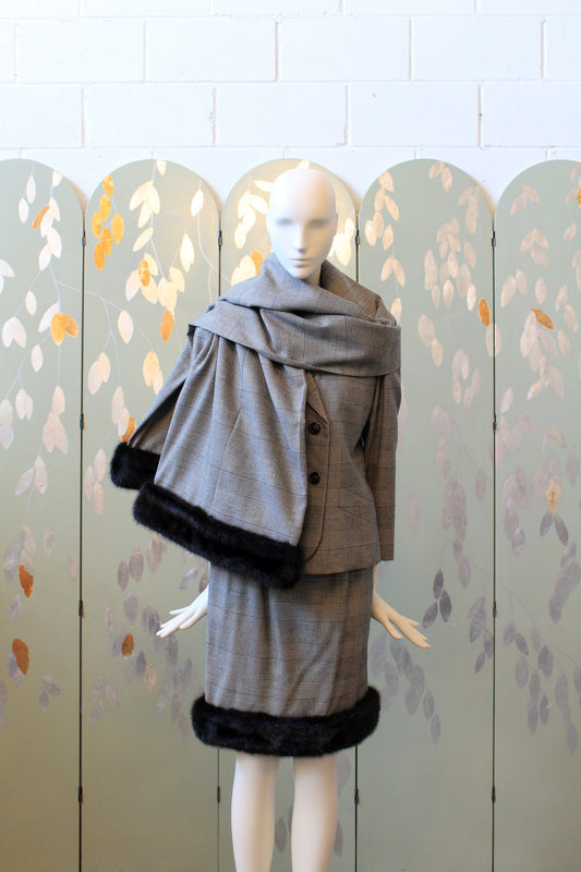 1990s Lily Simon 3PC Houndstooth Fur Trim Skirt Set With Scarf, Small