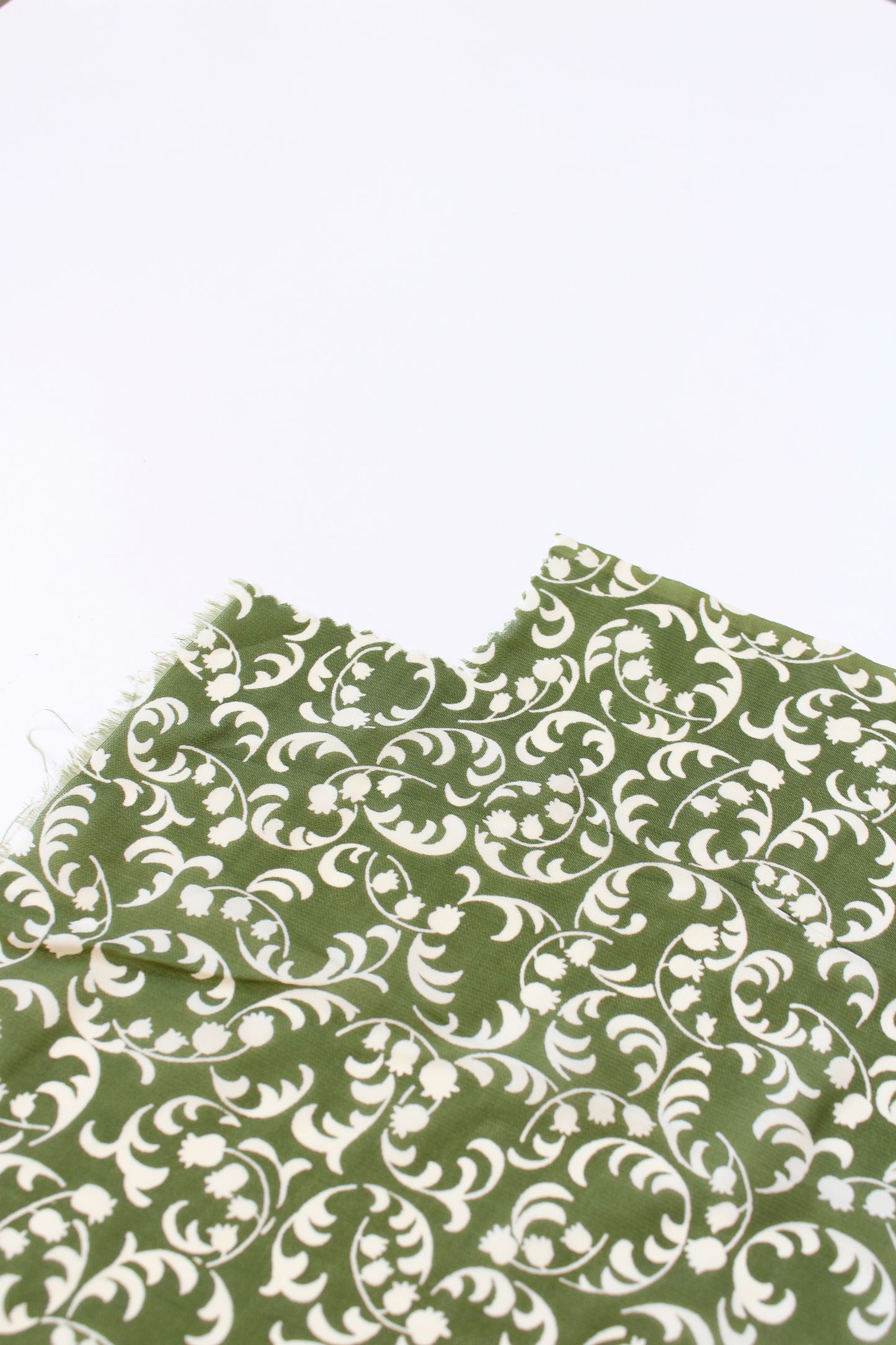 1940s Green And White Vine Pattern Summer Rayon Fabric, 4 Yards