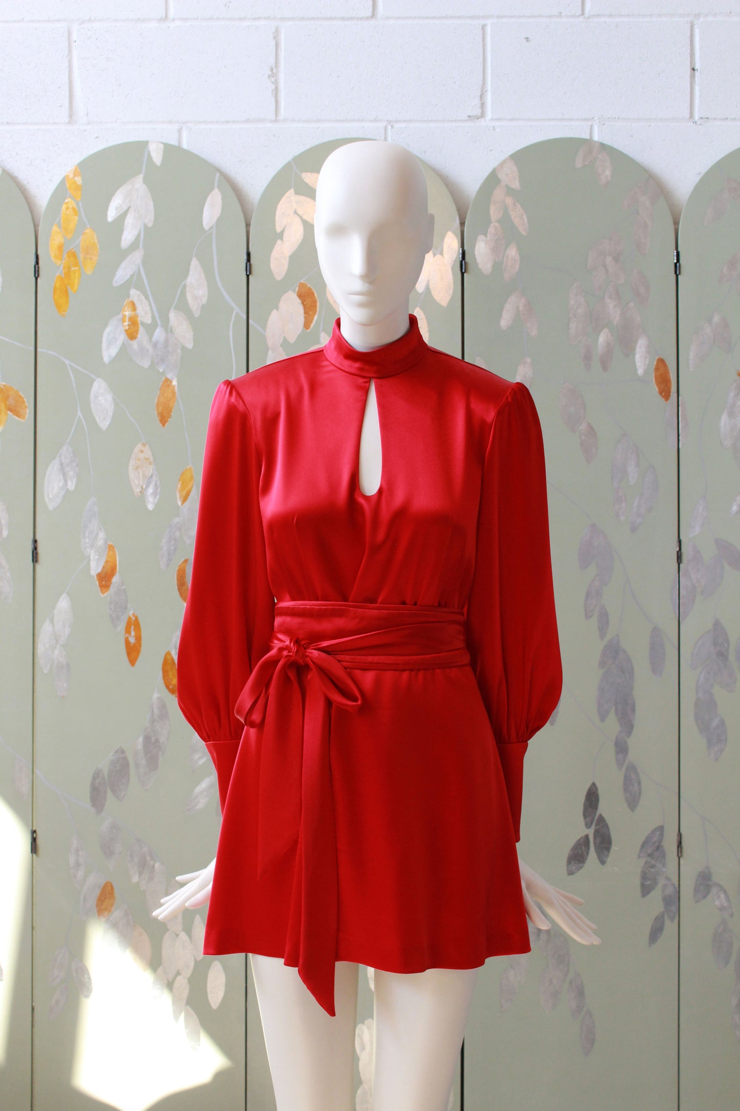 Early 2000s Red Satin Mini Dress With Balloon Sleeves And Fabric Belt, XS