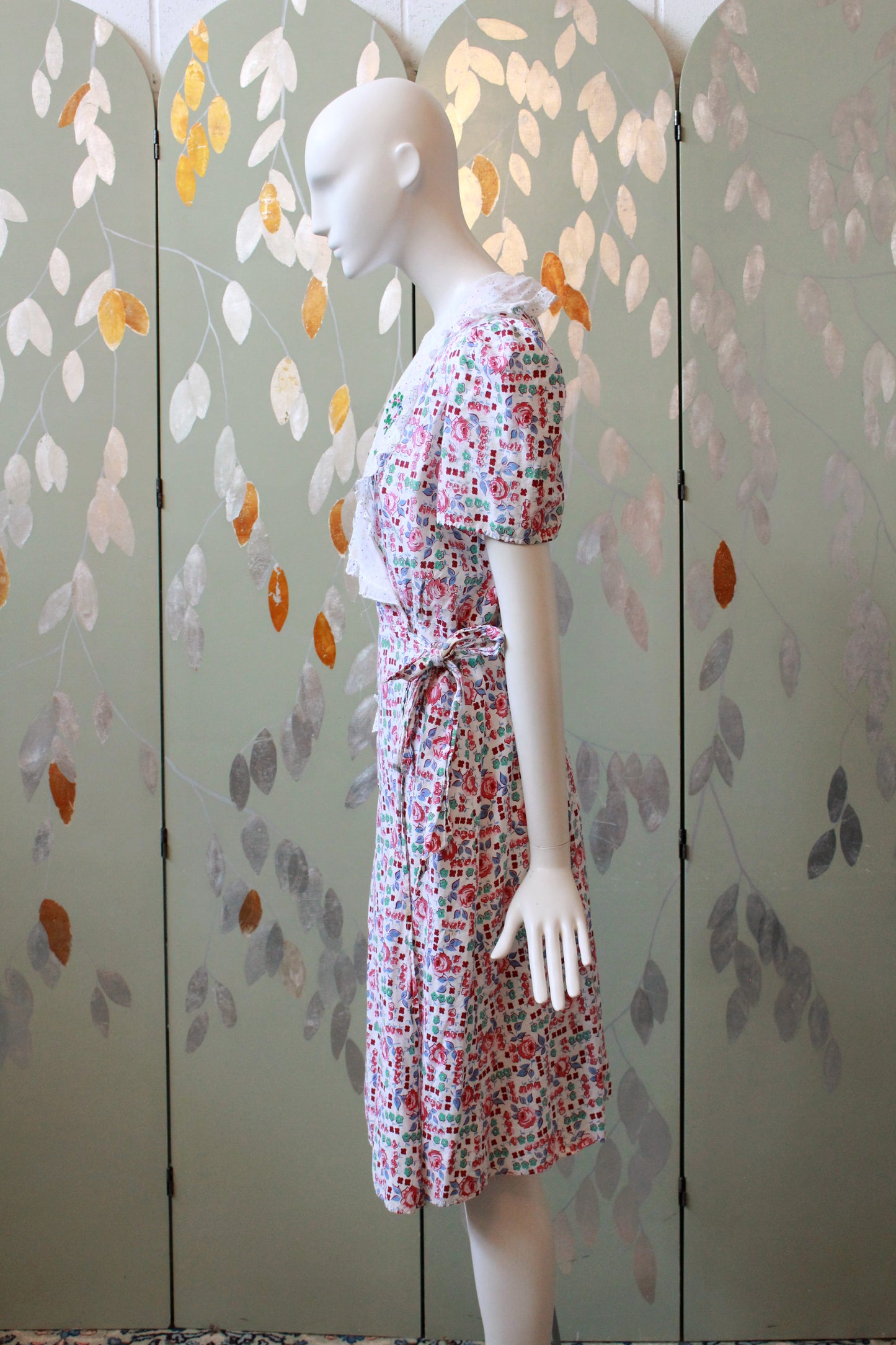 1940s  Floral Cotton Wrap House Dress With Embroidery, Medium