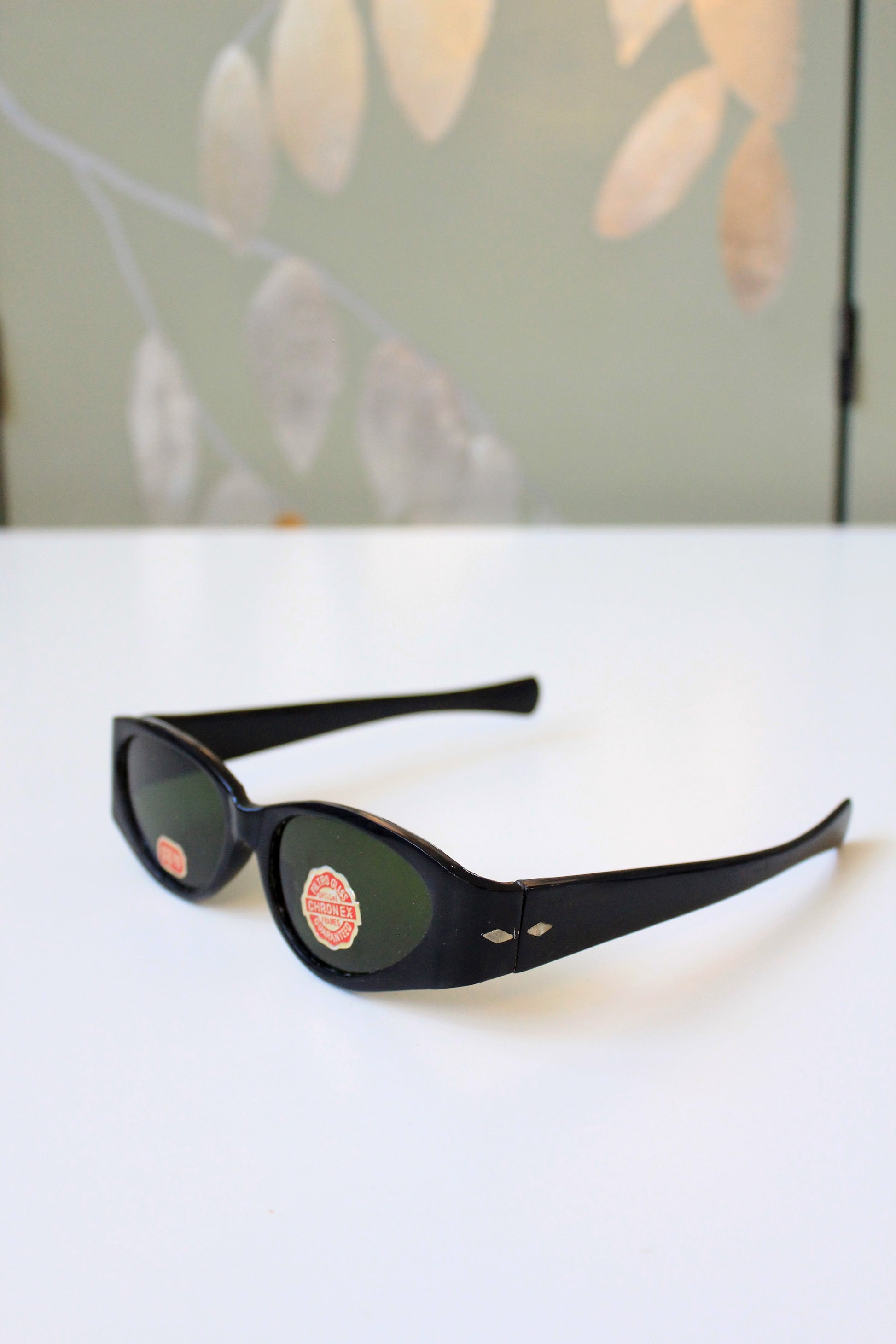 1950s Black Plastic Sunglasses With Green Lenses, Unused