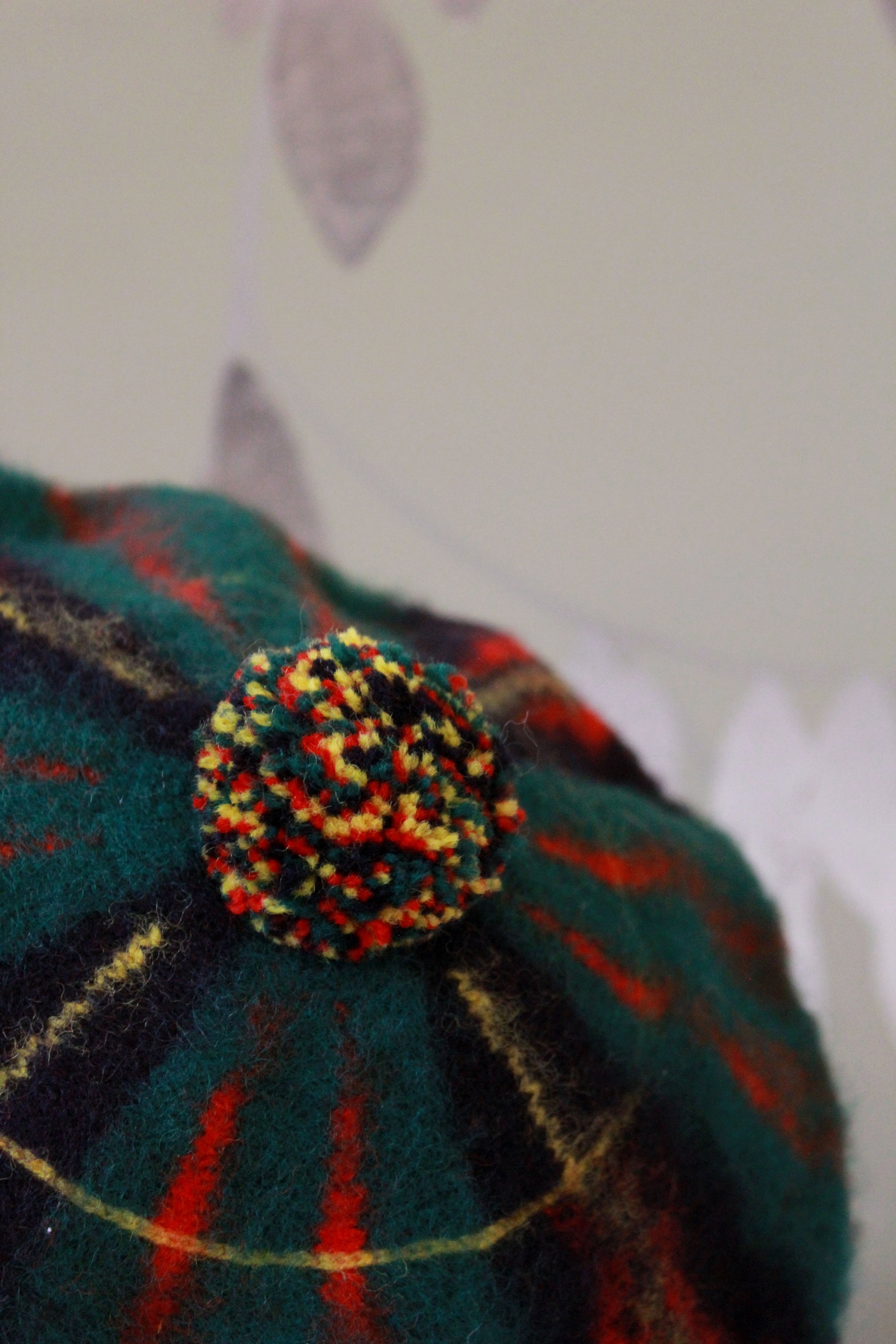 Vintage 1960s 100% Wool Erracht Cameron Plaid Beret With Pom Pom, Made In Scotland