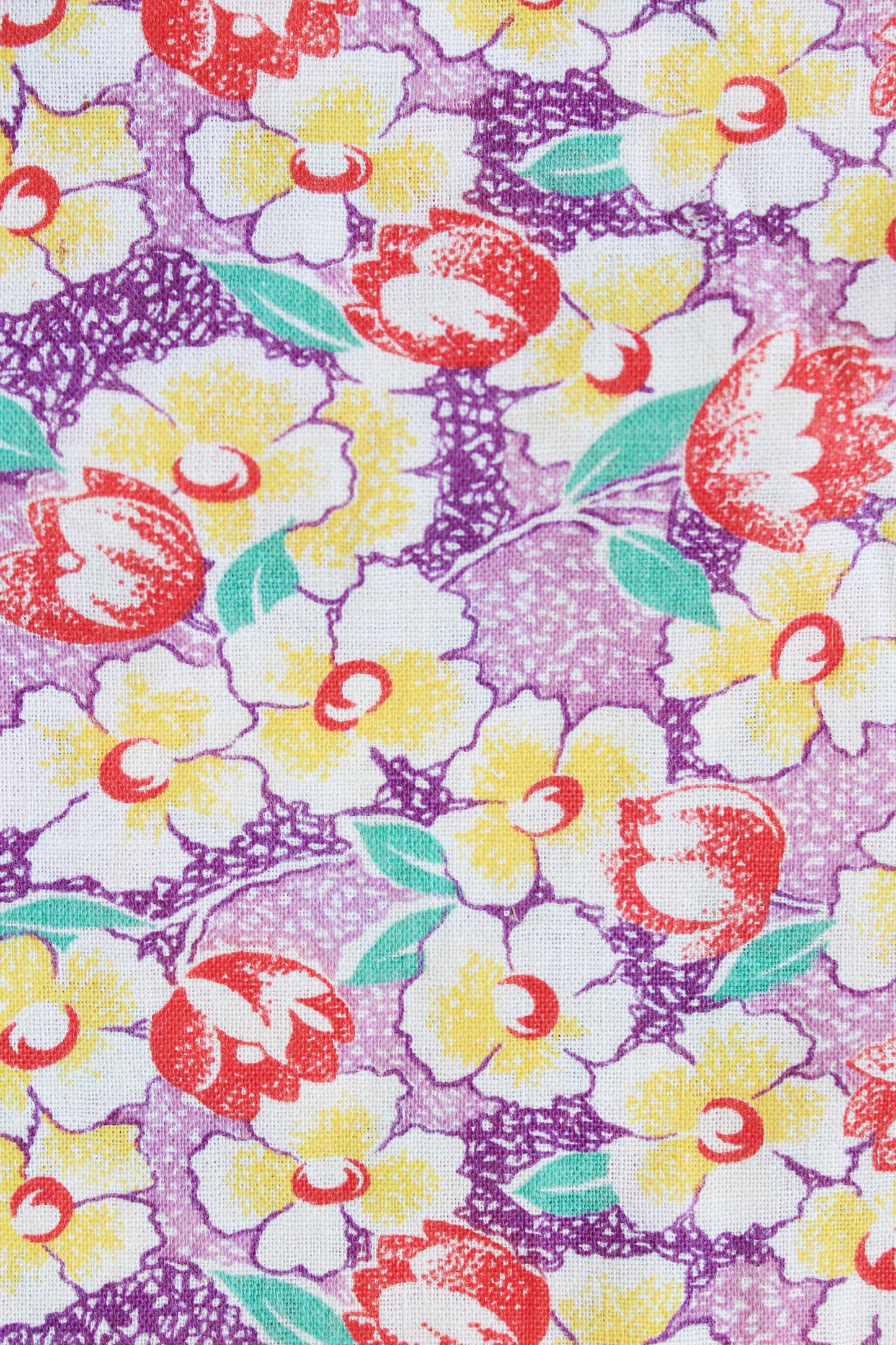 1940s Purple Floral Feedsack With Yellow And Red Illustrated Flowers, Vintage Summer Sewing/Quilting Fabric