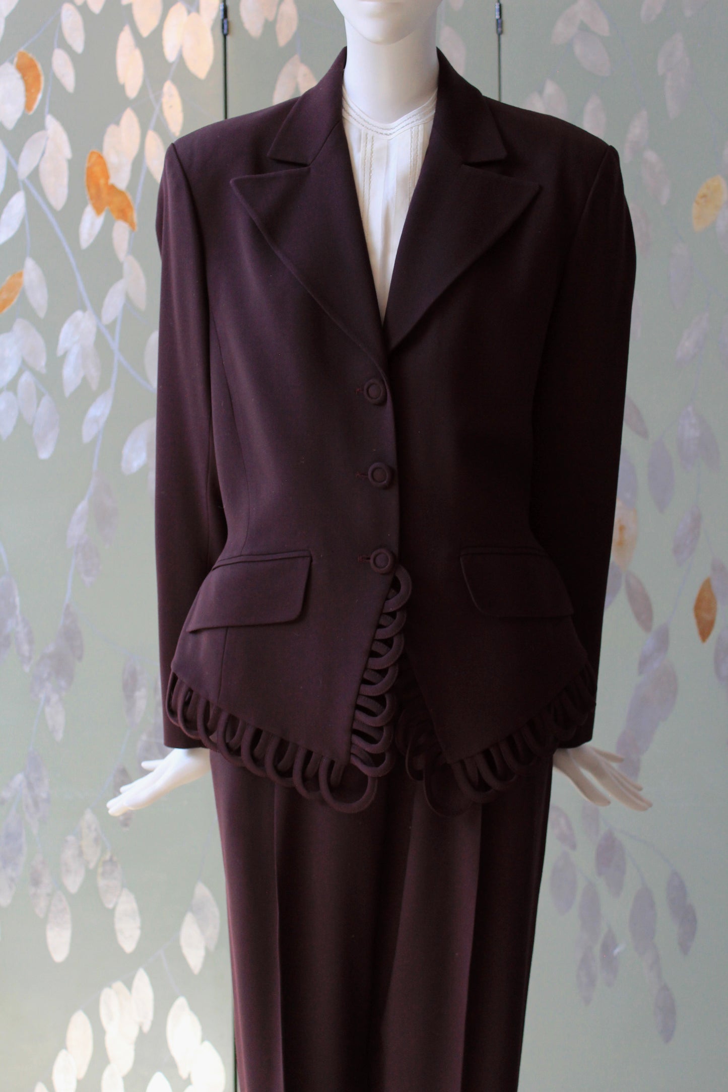 1980s/1990s Plum Sophie Sitbon Paris Pant Suit With Loop Trim Detail, Medium