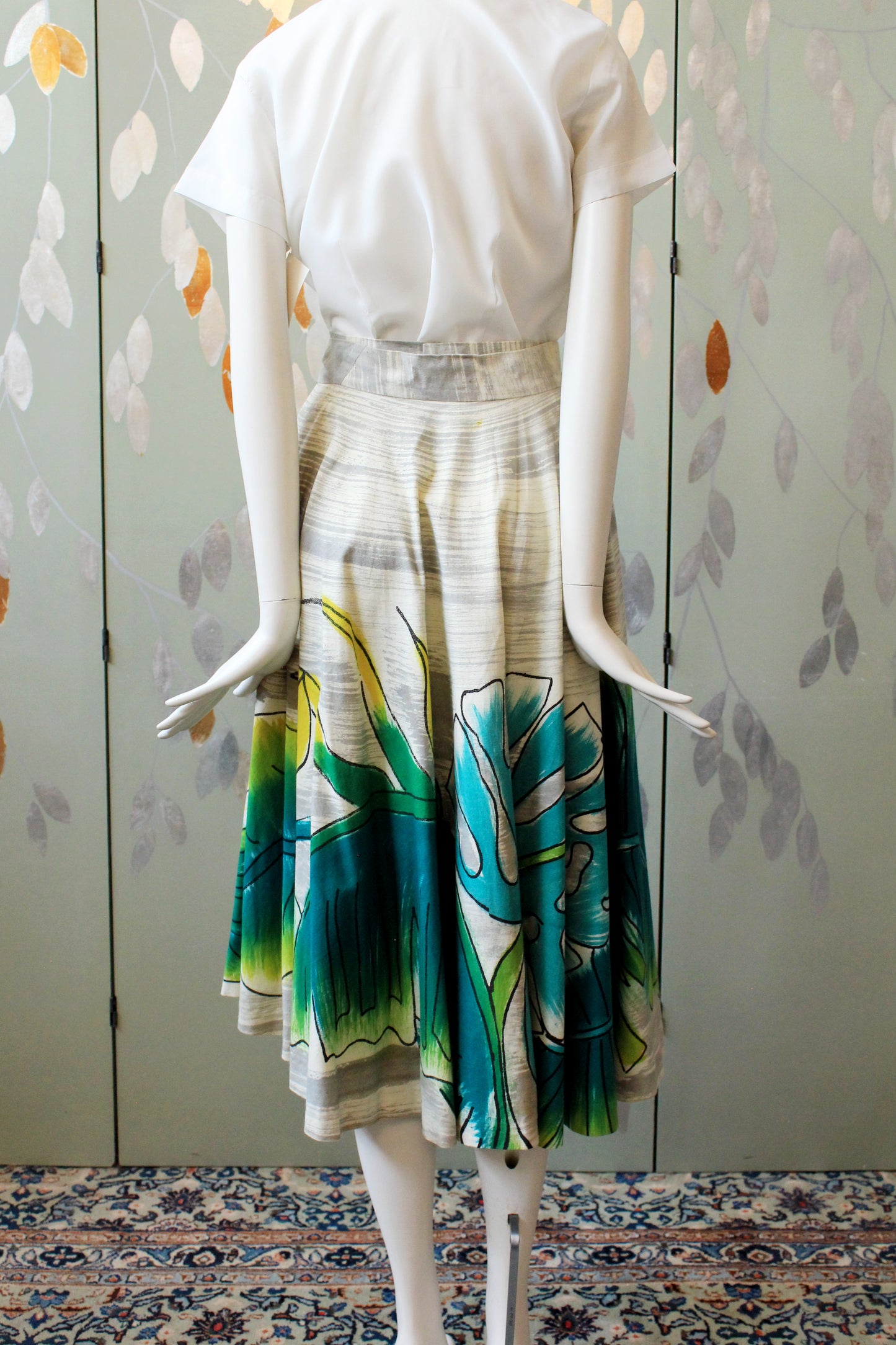 1950s Handpainted Circle Skirt With Tropical Flowers In Blue And Green, S/M