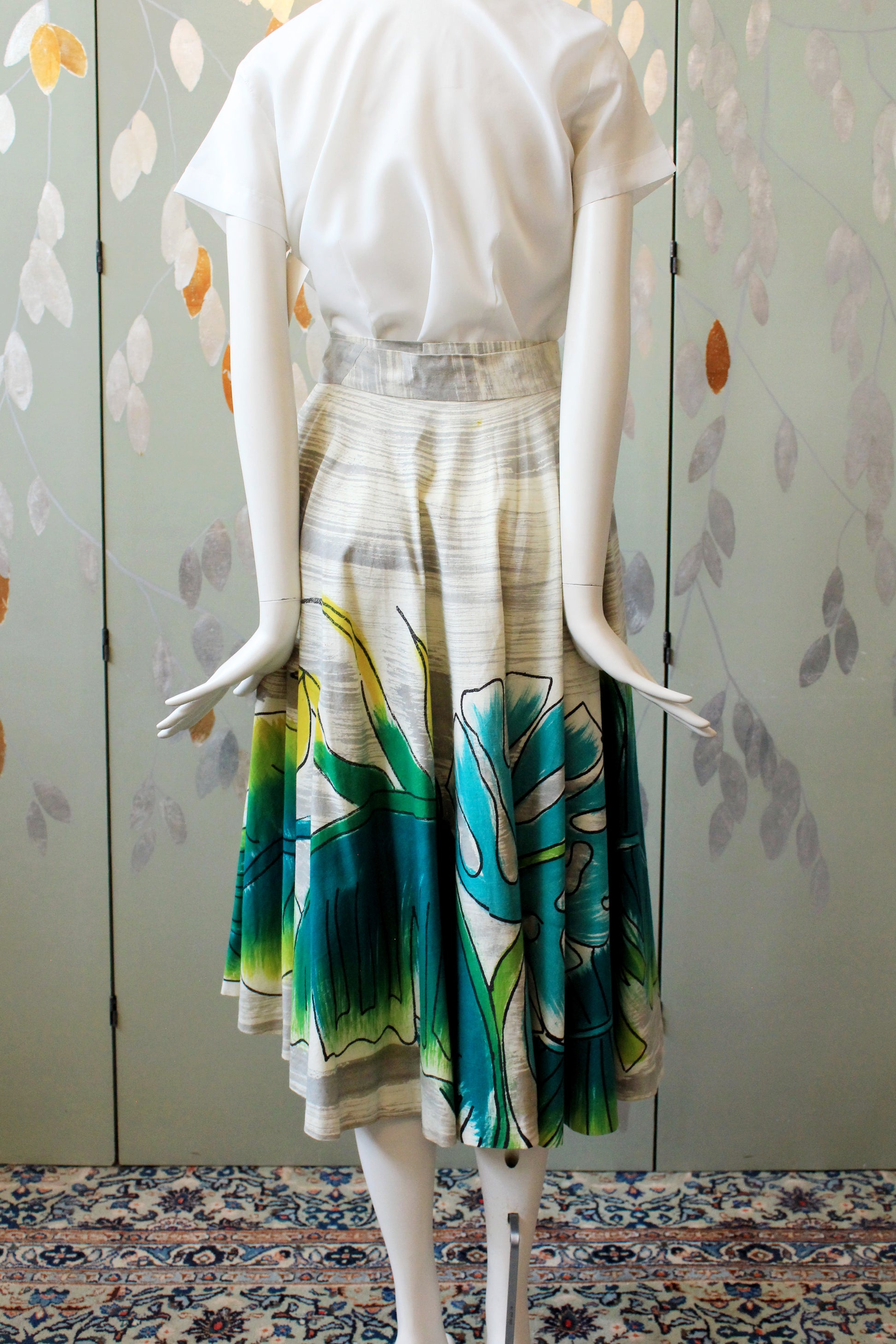 1950s Handpainted Circle Skirt With Tropical Flowers In Blue And Green, S/M