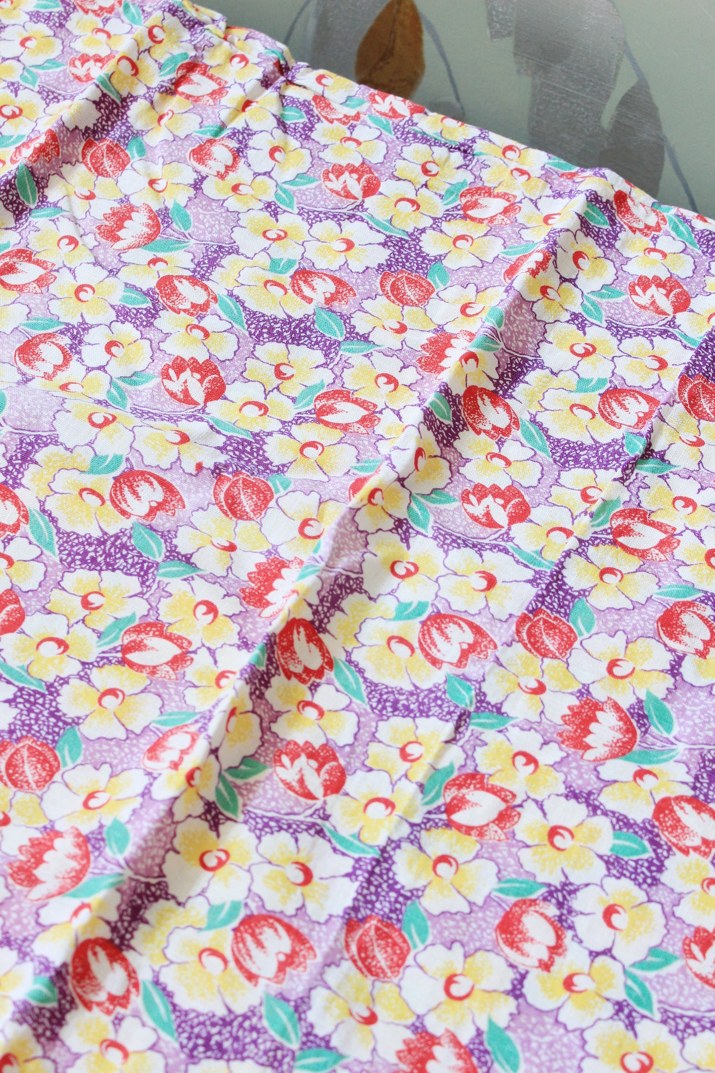 1940s Purple Floral Feedsack With Yellow And Red Illustrated Flowers, Vintage Summer Sewing/Quilting Fabric