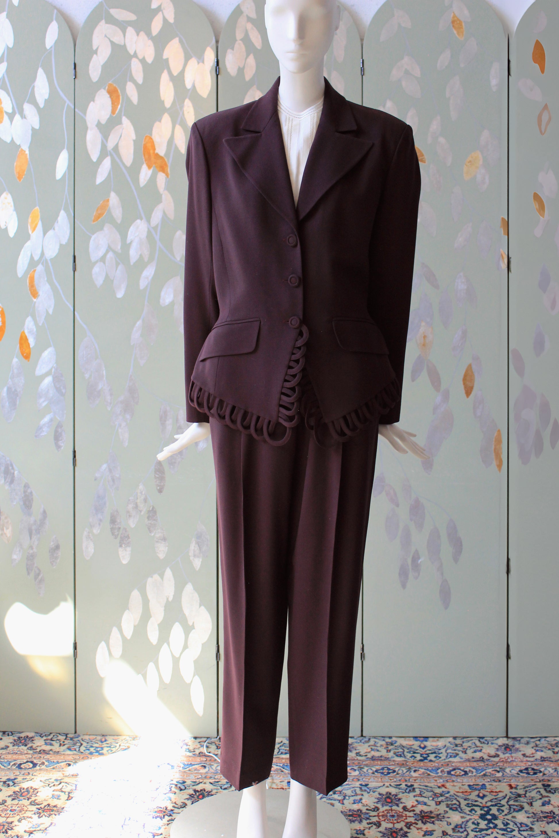 1980s/1990s Plum Sophie Sitbon Paris Pant Suit With Loop Trim Detail, Medium