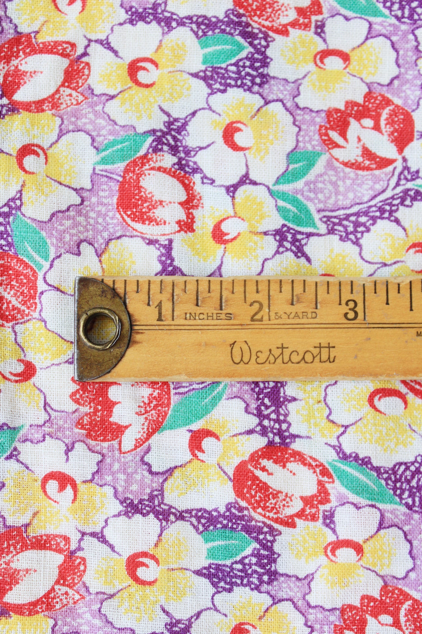 1940s Purple Floral Feedsack With Yellow And Red Illustrated Flowers, Vintage Summer Sewing/Quilting Fabric