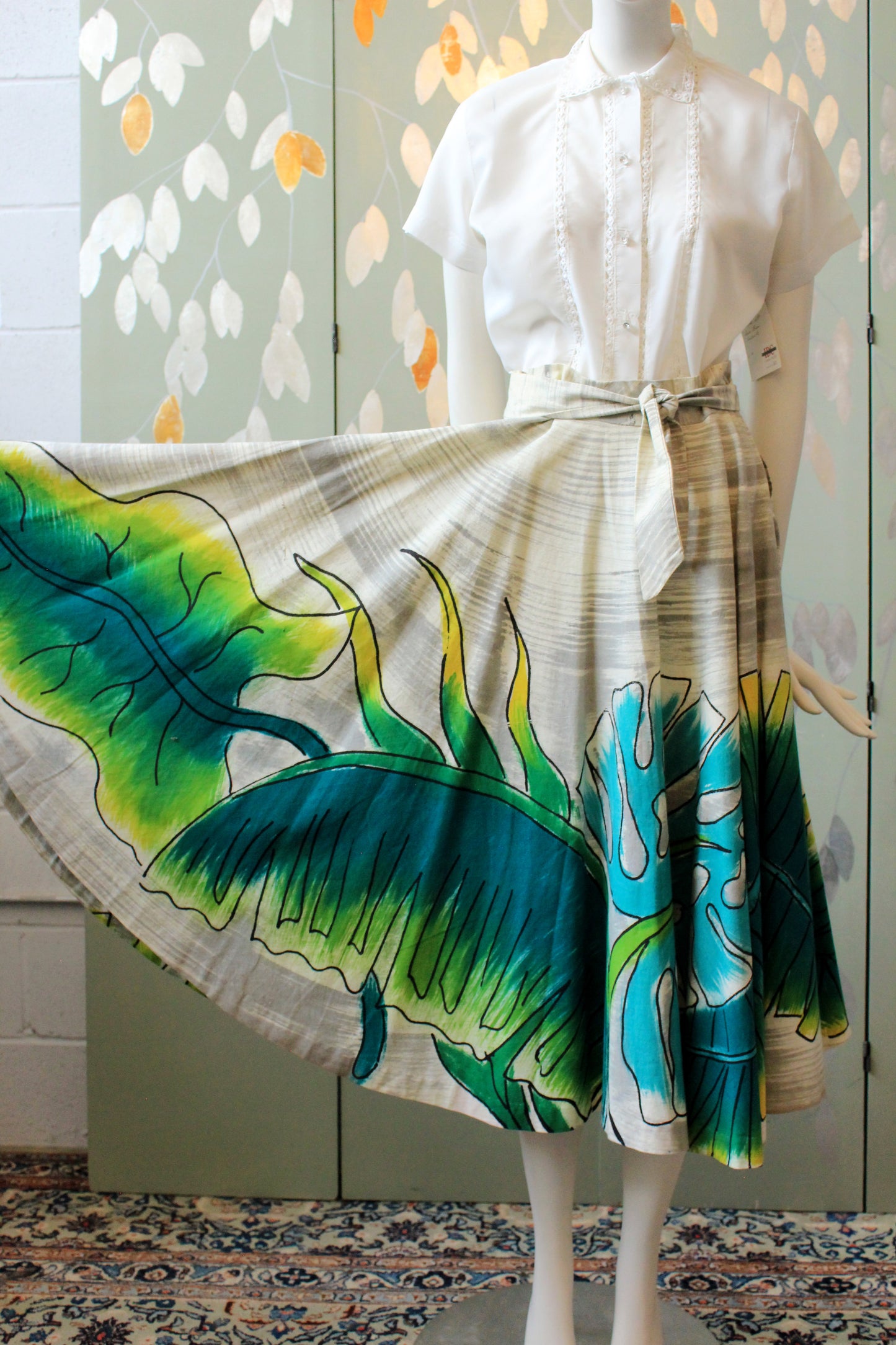 1950s Handpainted Circle Skirt With Tropical Flowers In Blue And Green, S/M