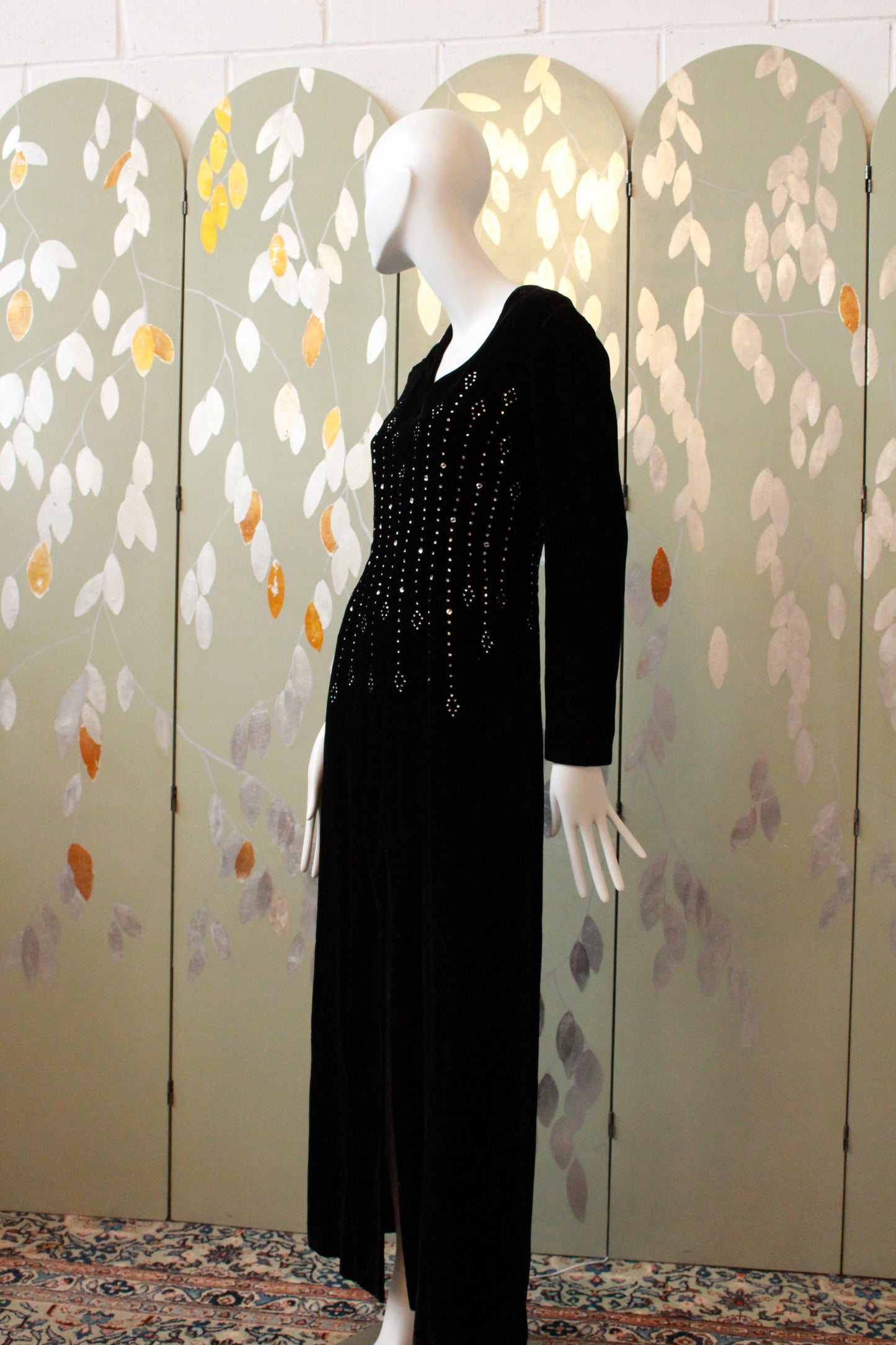 Vintage 1990s Oscar De La Renta Black Velvet Bedazzled Long Sleeve Evening  Dress, S/M