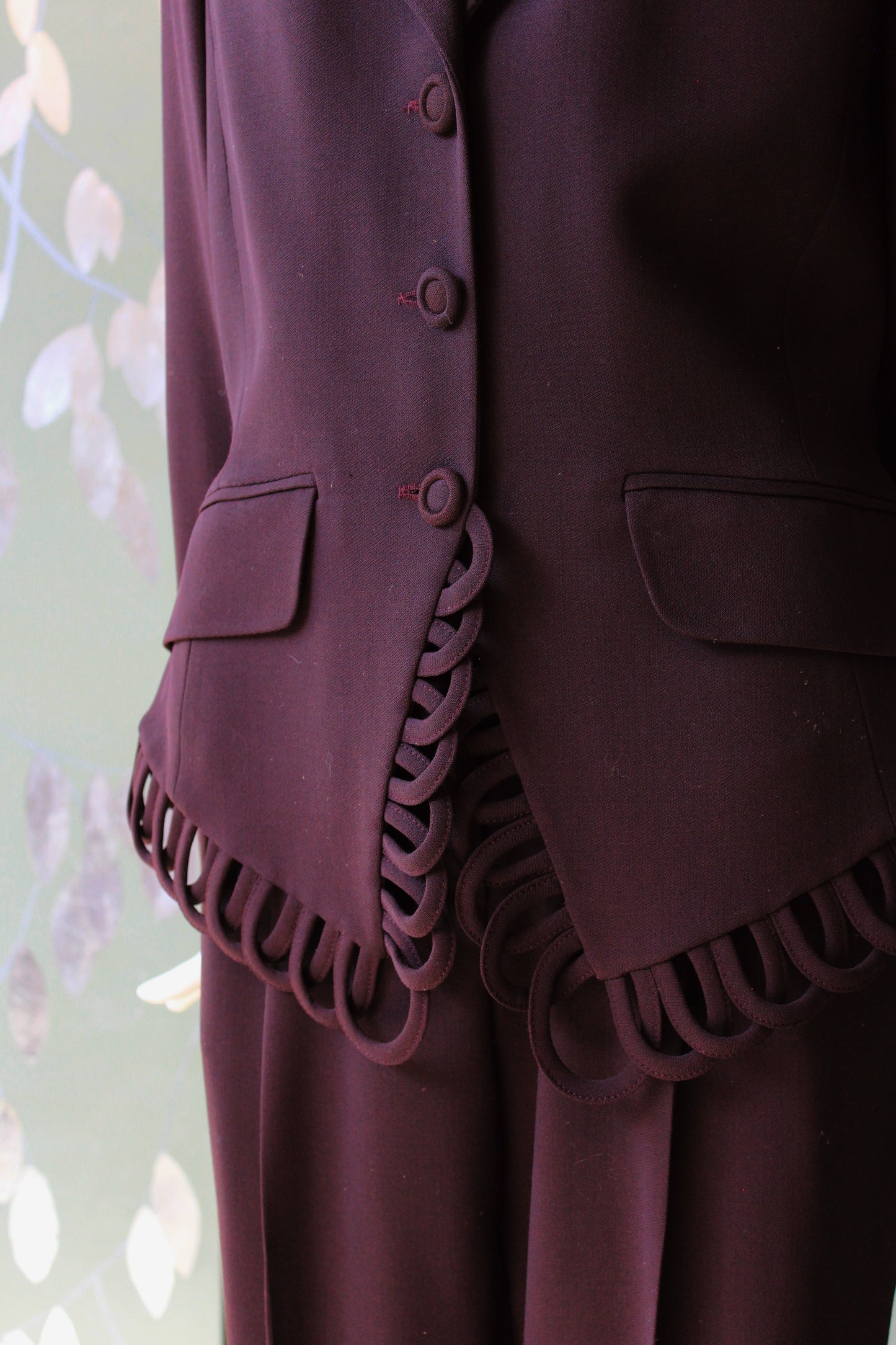 1980s/1990s Plum Sophie Sitbon Paris Pant Suit With Loop Trim Detail, Medium