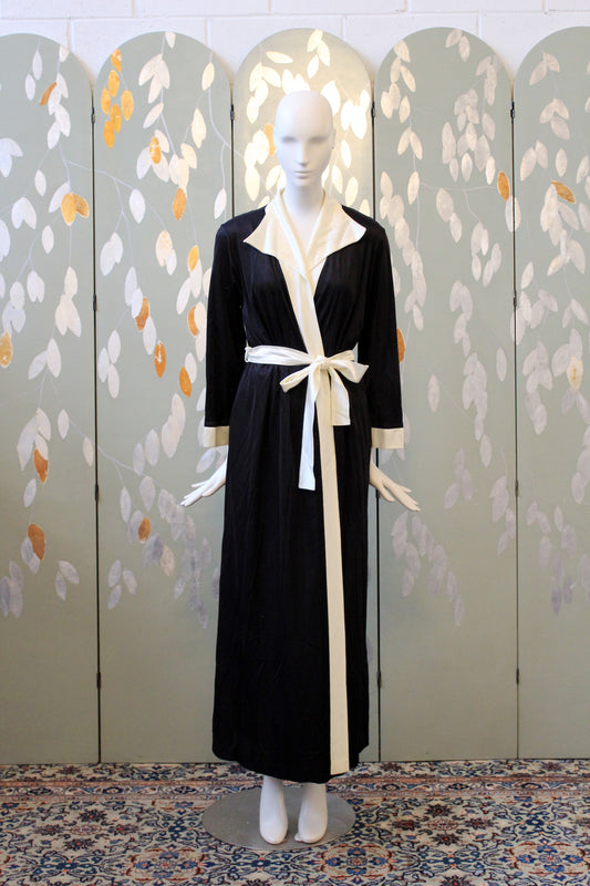 1970s Black And White Deep V Nightgown And Robe Set, Medium