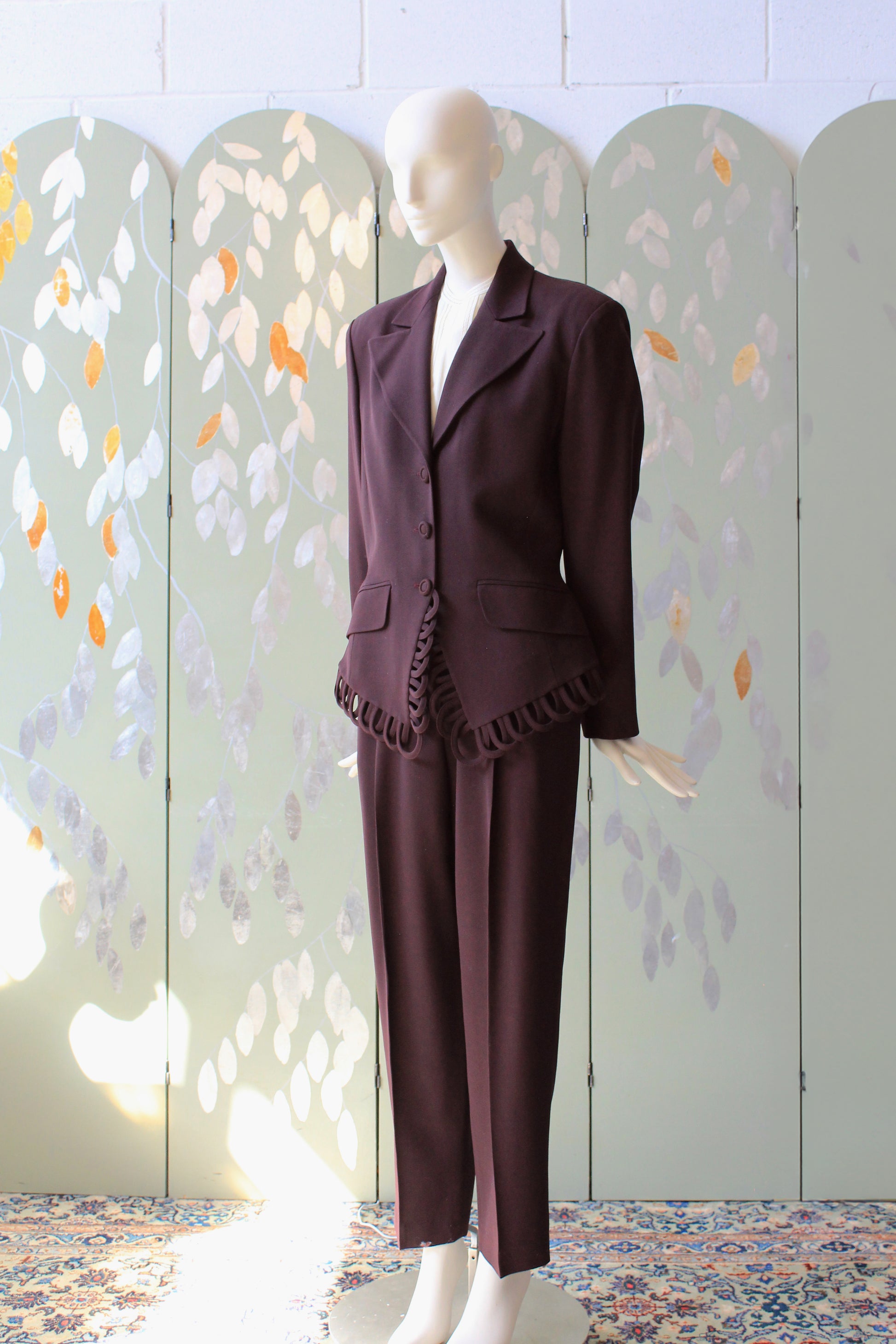 1980s/1990s Plum Sophie Sitbon Paris Pant Suit With Loop Trim Detail, Medium