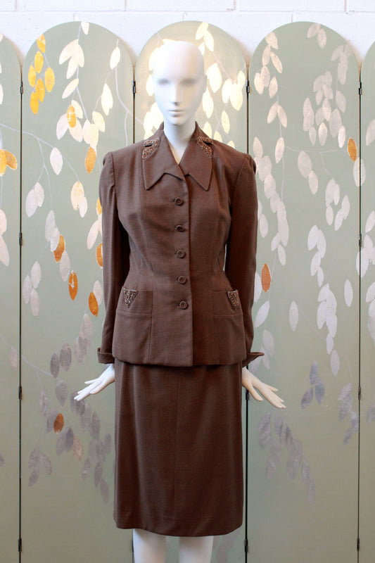 Vintage 1950s Brown Fitted Skirt Suit Set With Beaded Detail, XS