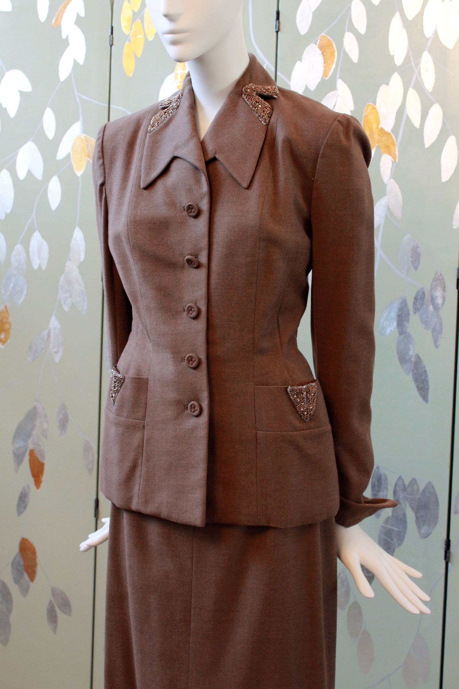 Vintage 1950s Brown Fitted Skirt Suit Set With Beaded Detail, XS