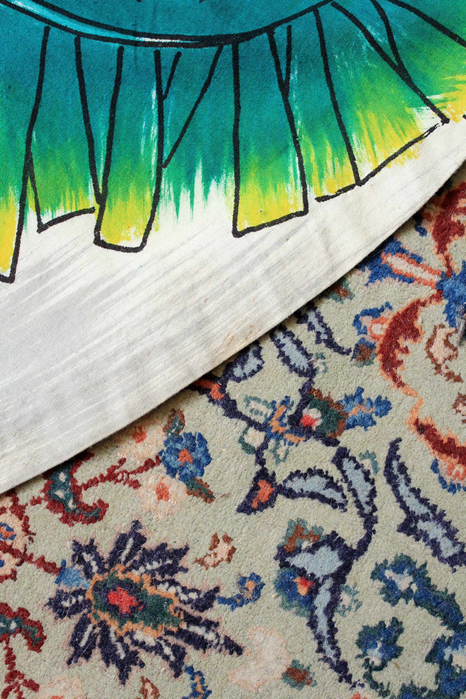 1950s Handpainted Circle Skirt With Tropical Flowers In Blue And Green, S/M