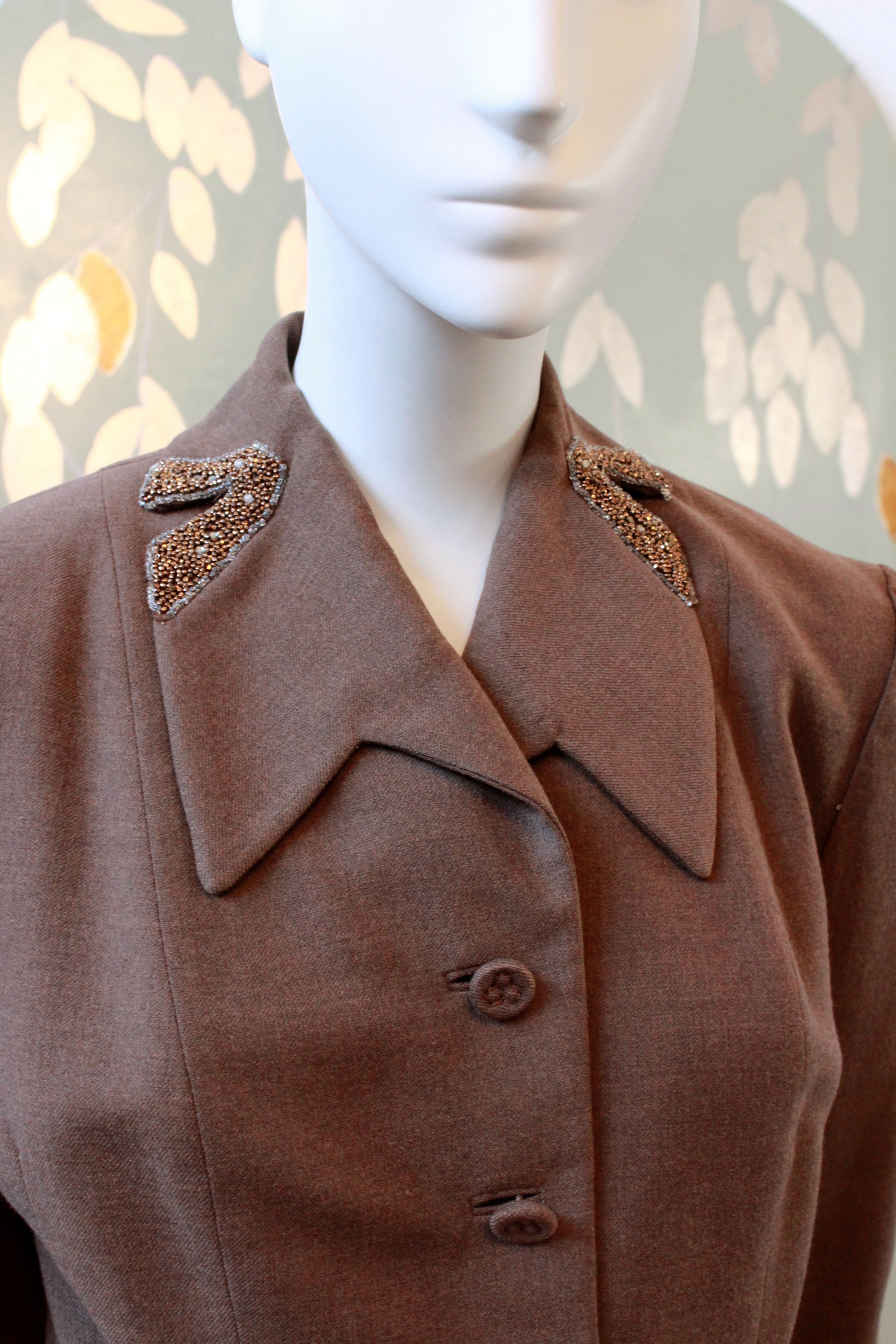 Vintage 1950s Brown Fitted Skirt Suit Set With Beaded Detail, XS