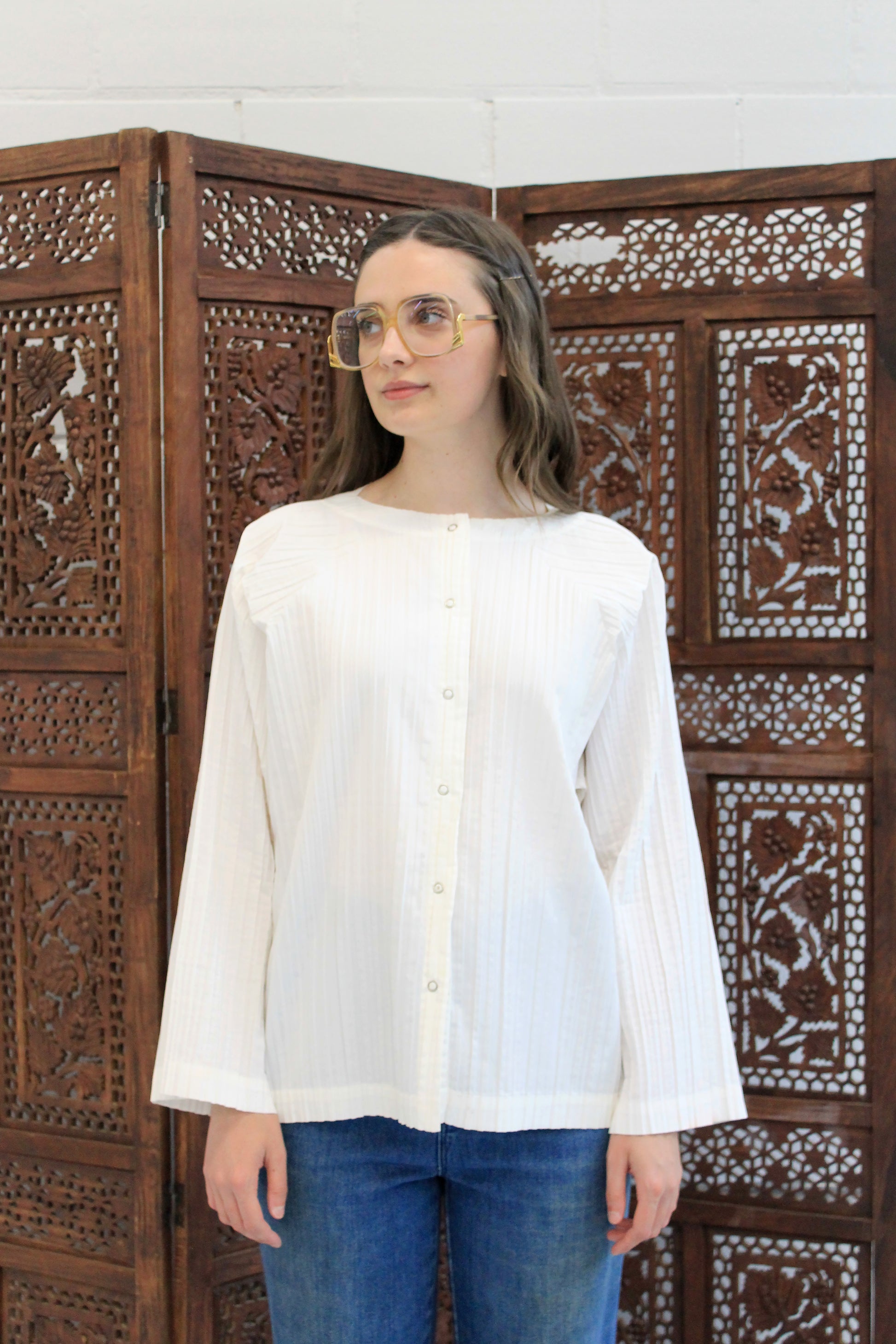 Vintage 1980s Issey Miyake White Pleated Snap Front Shirt, Medium