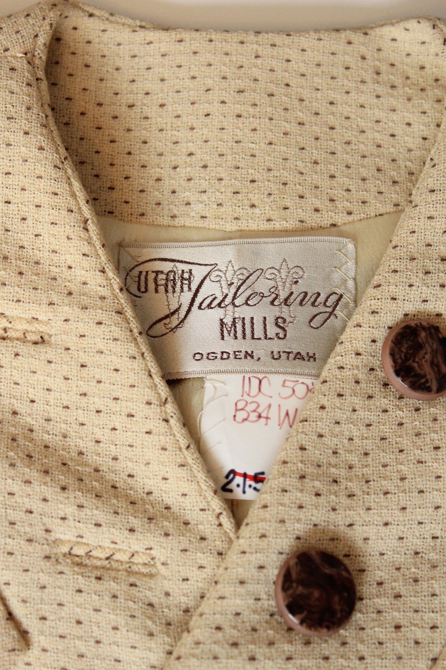 Vintage 1950s Cream and Brown Dot Skirt Suit Set With Leaf Embellishment, XS