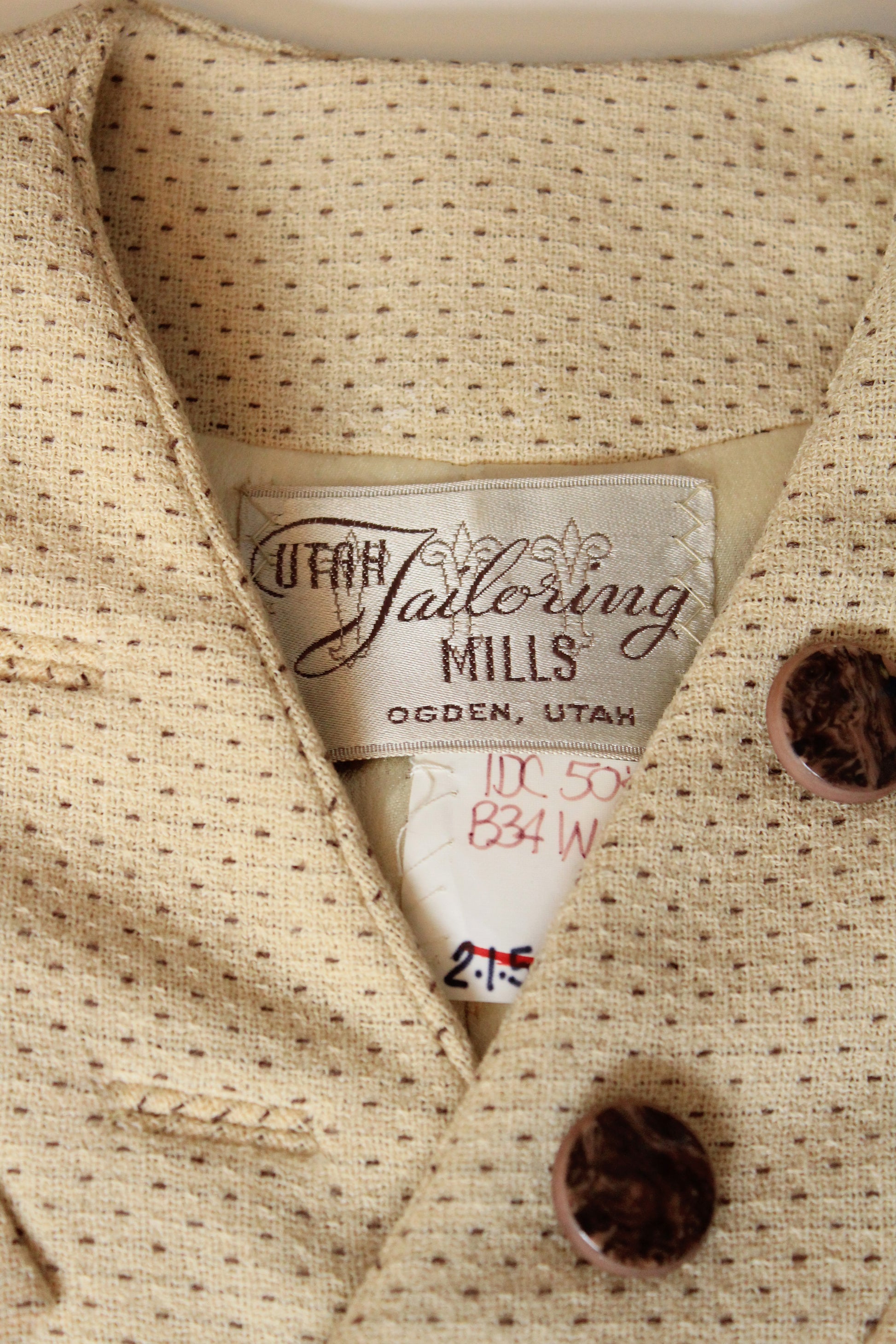 Vintage 1950s Cream and Brown Dot Skirt Suit Set With Leaf Embellishment, XS